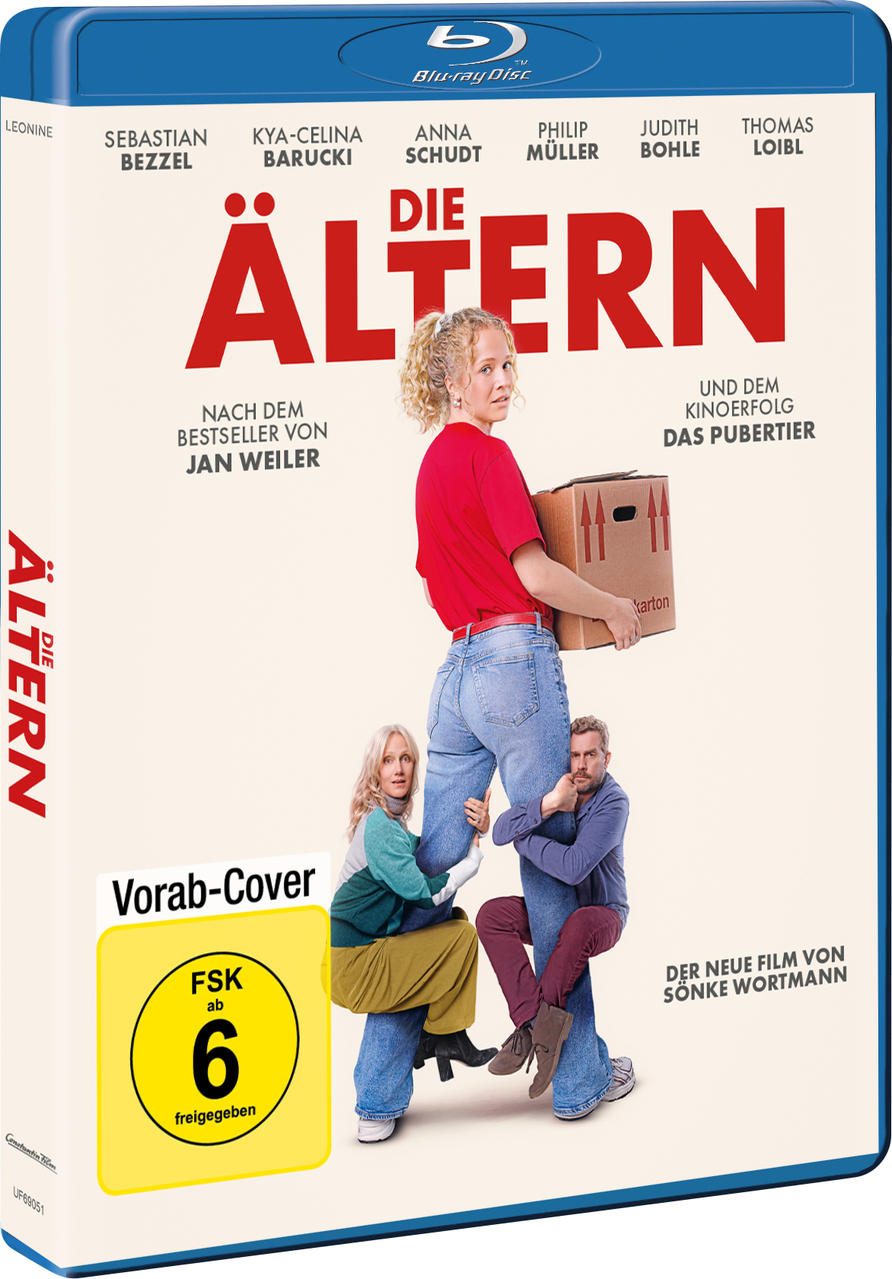 Filmcover: Junge Frau mit Karton, älteres Paar klammert sich an ihr Bein.