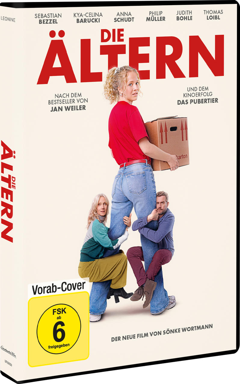 Filmplakat mit dem Titel 'Die Ältern'. Junge Frau trägt Karton, Eltern klammern sich an ihre Beine.