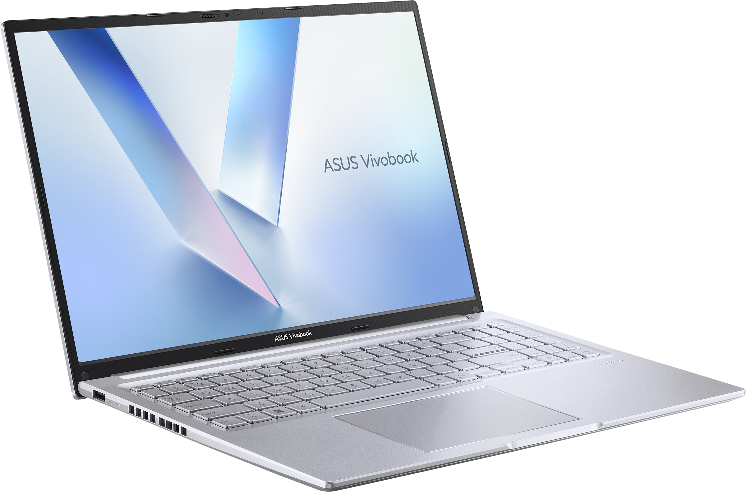 Ein silberner ASUS Vivobook Laptop mit beleuchteter Tastatur und Touchpad.