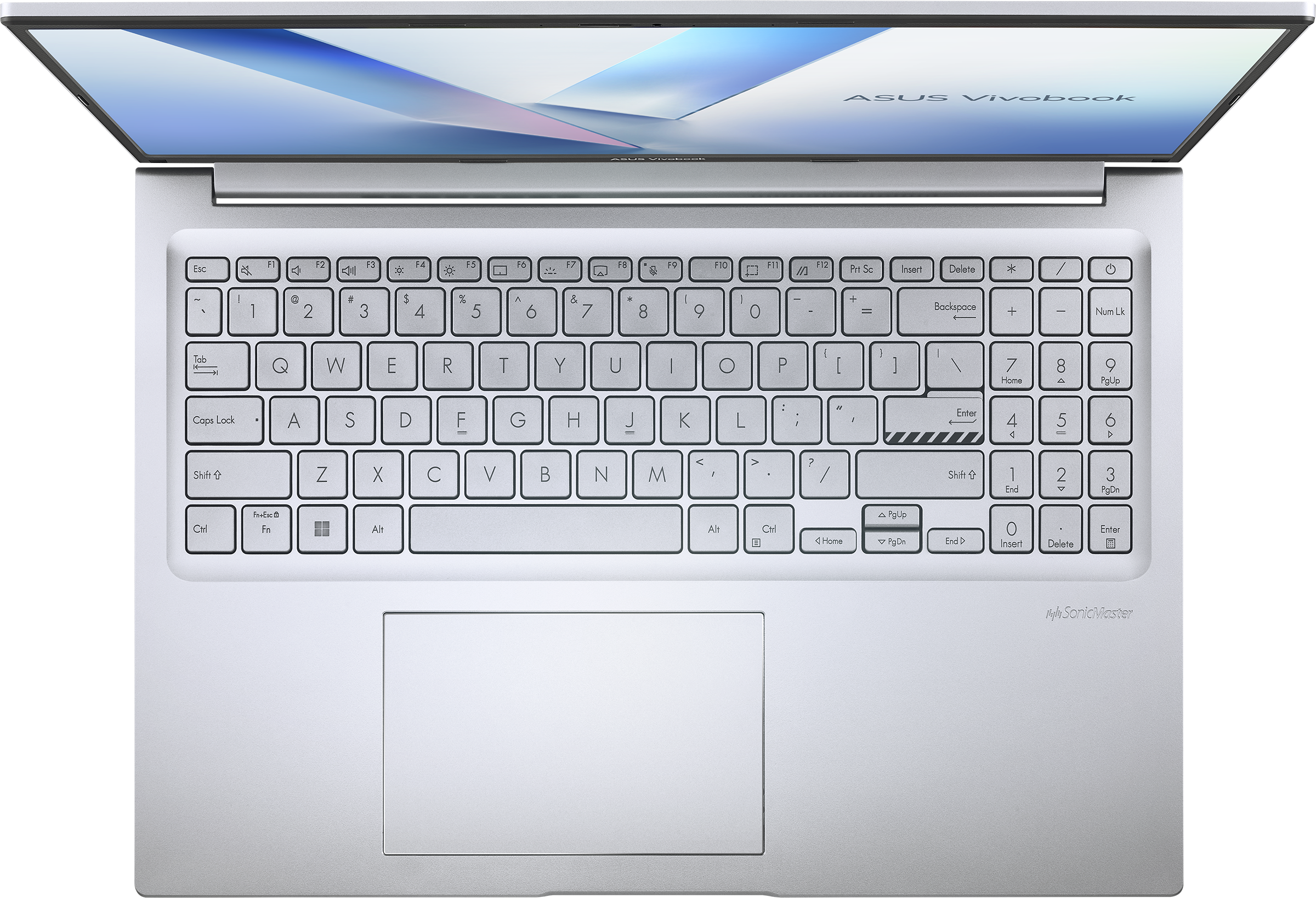 Ein silberner ASUS Vivobook Laptop von oben, mit Tastatur und Touchpad.