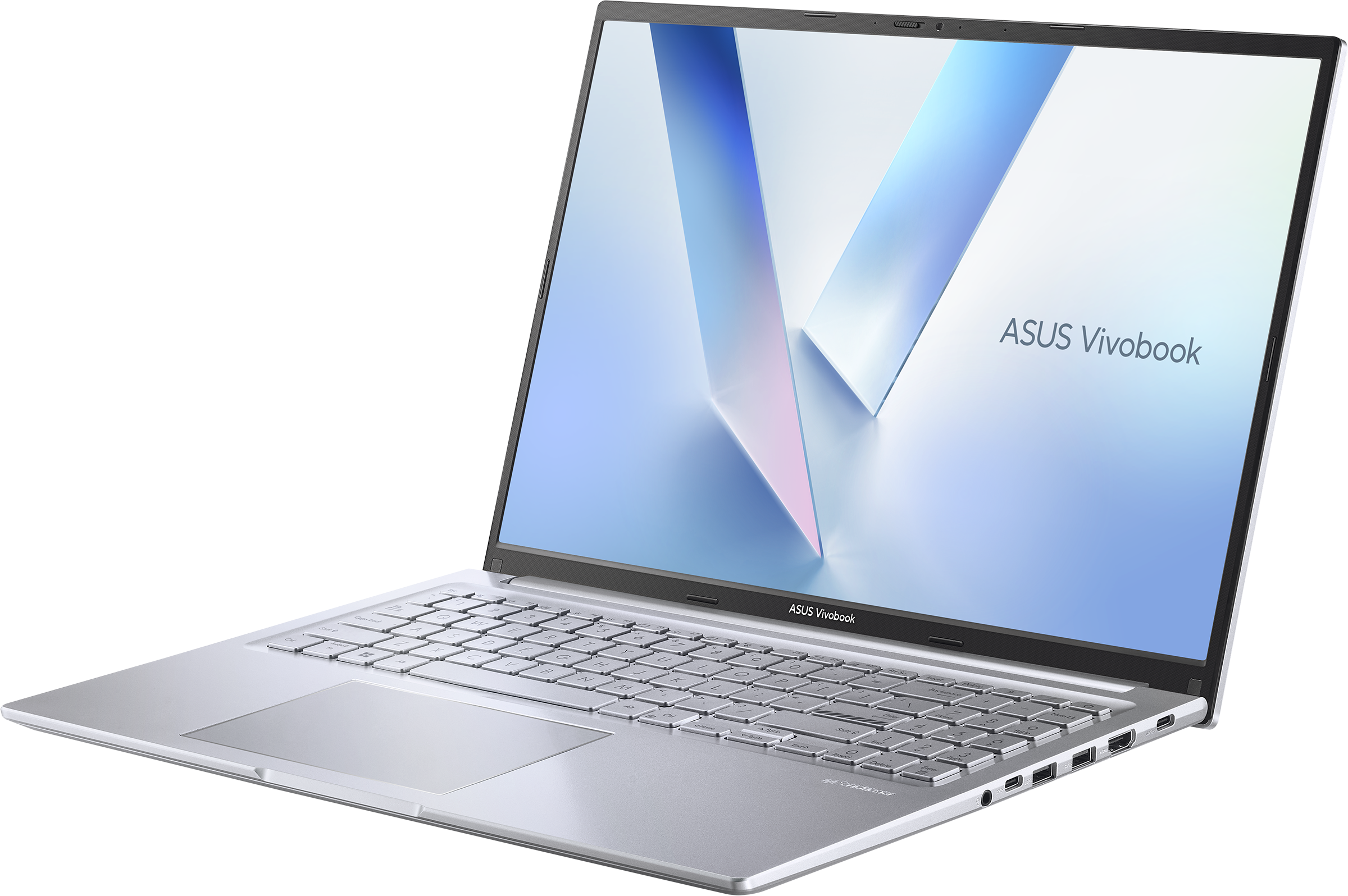 Ein silberner Asus Vivobook Laptop mit beleuchteter Tastatur und Ports.