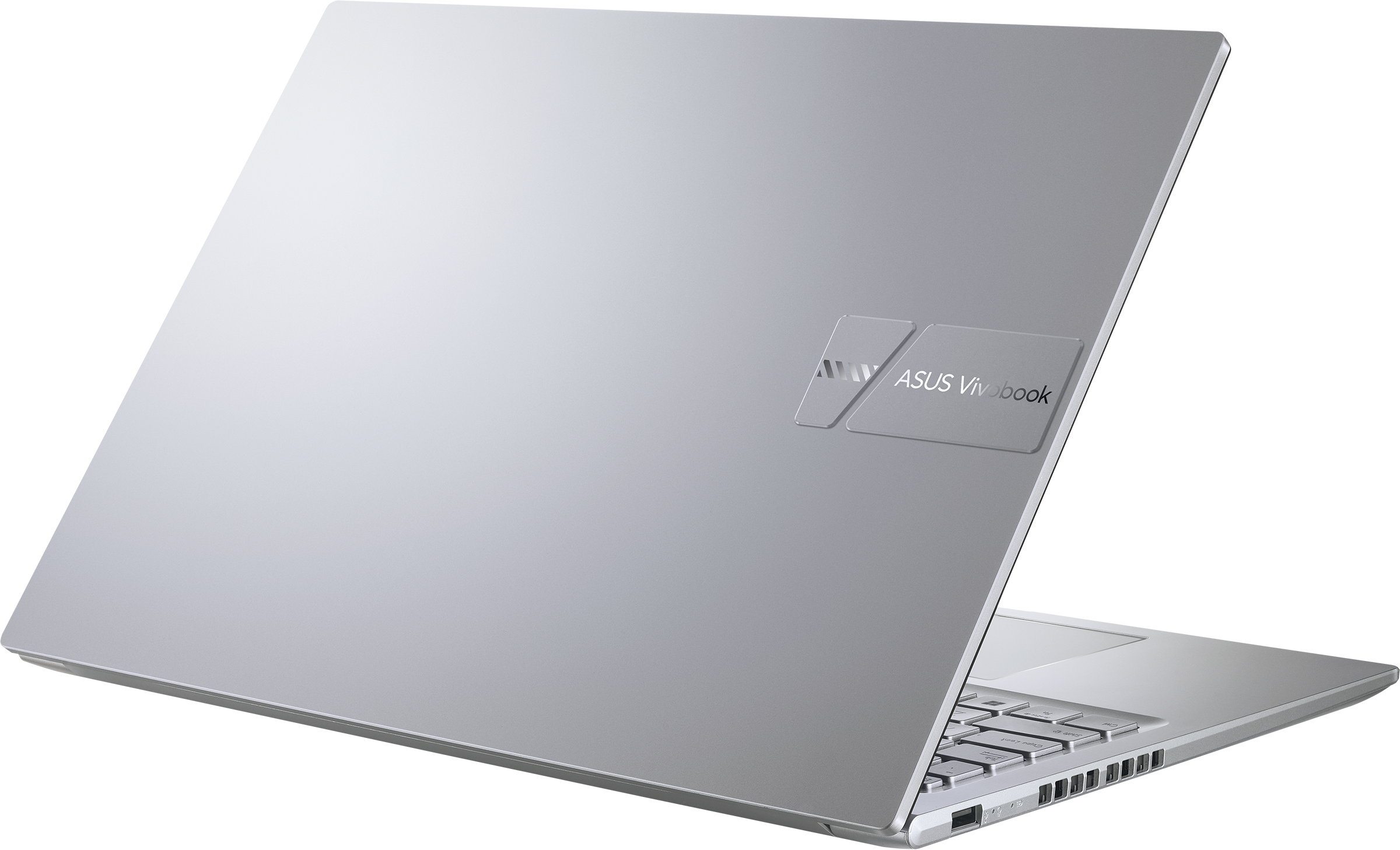 Ein silberner Laptop mit offenem Deckel und dem ASUS Vivobook-Logo.