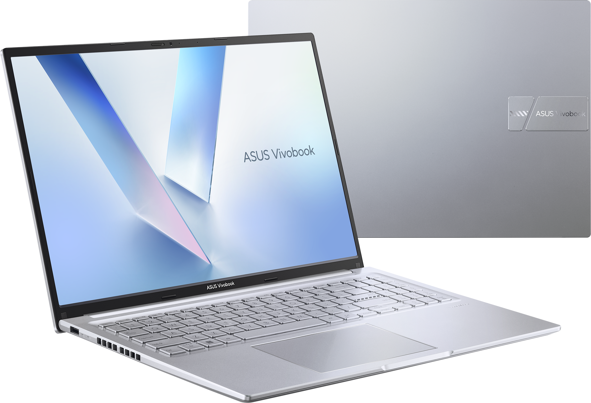 Silberner Asus Vivobook Laptop, offen, mit Tastatur und Bildschirm. Hinten ein geschlossener Laptop.