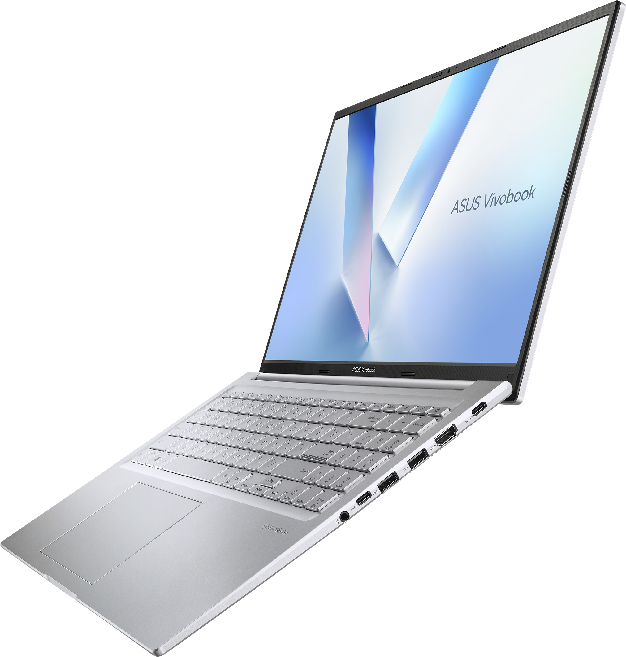 Ein silberner Asus Vivobook Laptop mit beleuchteter Tastatur und Anschlüssen.