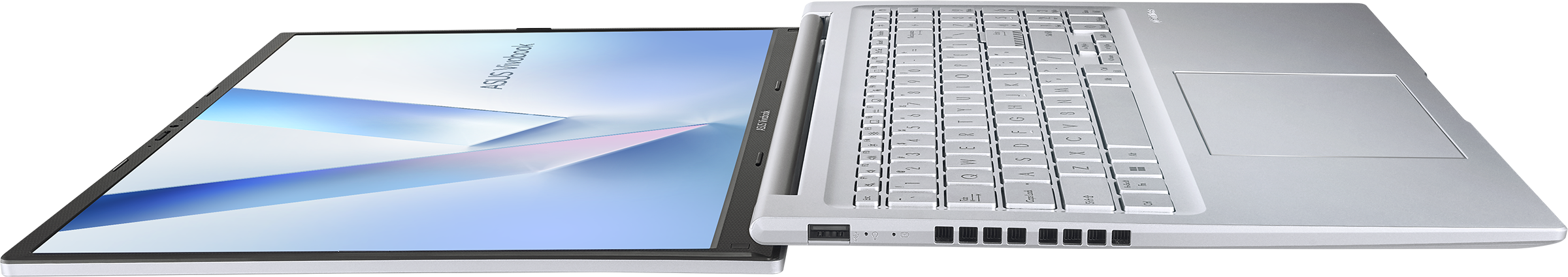Ein offenes silbernes ASUS Vivobook-Laptop mit Tastatur und Bildschirm.