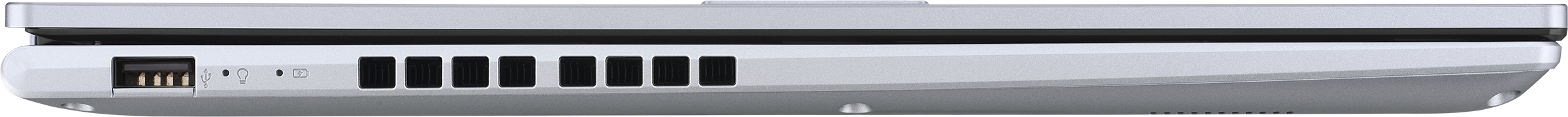 Seite eines Laptops mit USB-Anschluss, Lüftungsschlitzen und Symbolen.