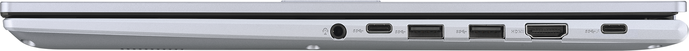 Seitenansicht eines Laptops mit Anschlüssen: Kopfhörerbuchse, USB-C, USB-A, HDMI.