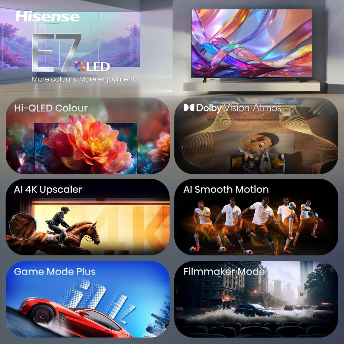 Reklama telewizora Hisense z funkcjami: Hi-QLED, Dolby Vision, Skaler AI, Ruch AI, Tryb Gry, Filmowiec.
