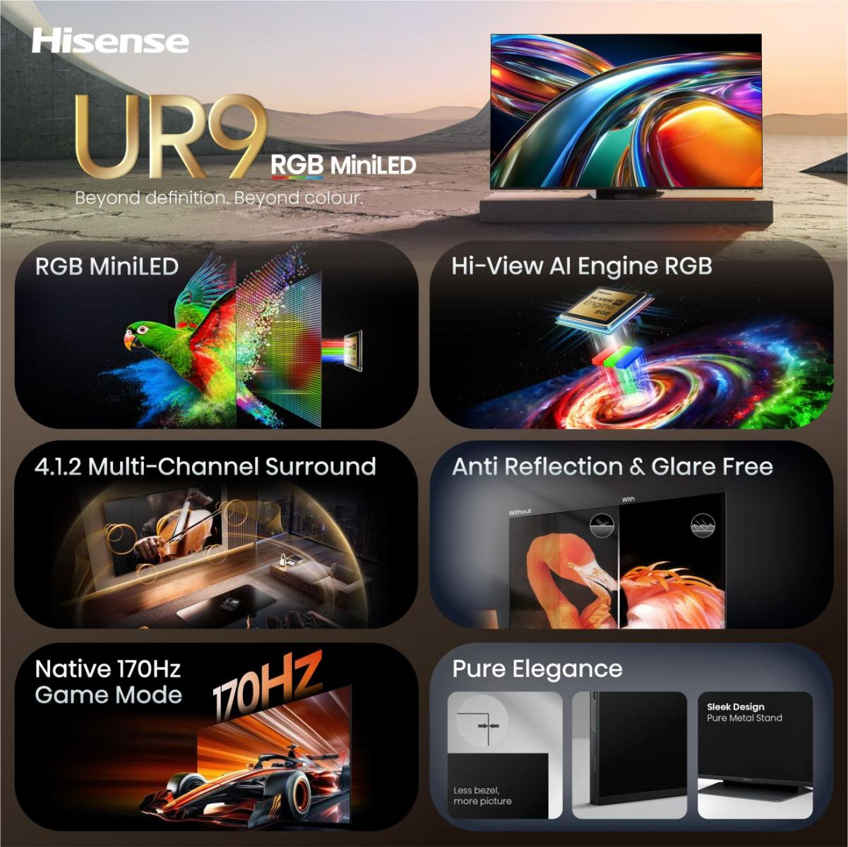 Hisense UR9 RGB MiniLED TV mit KI-Engine, 170Hz, Surround-Sound & blendfrei.