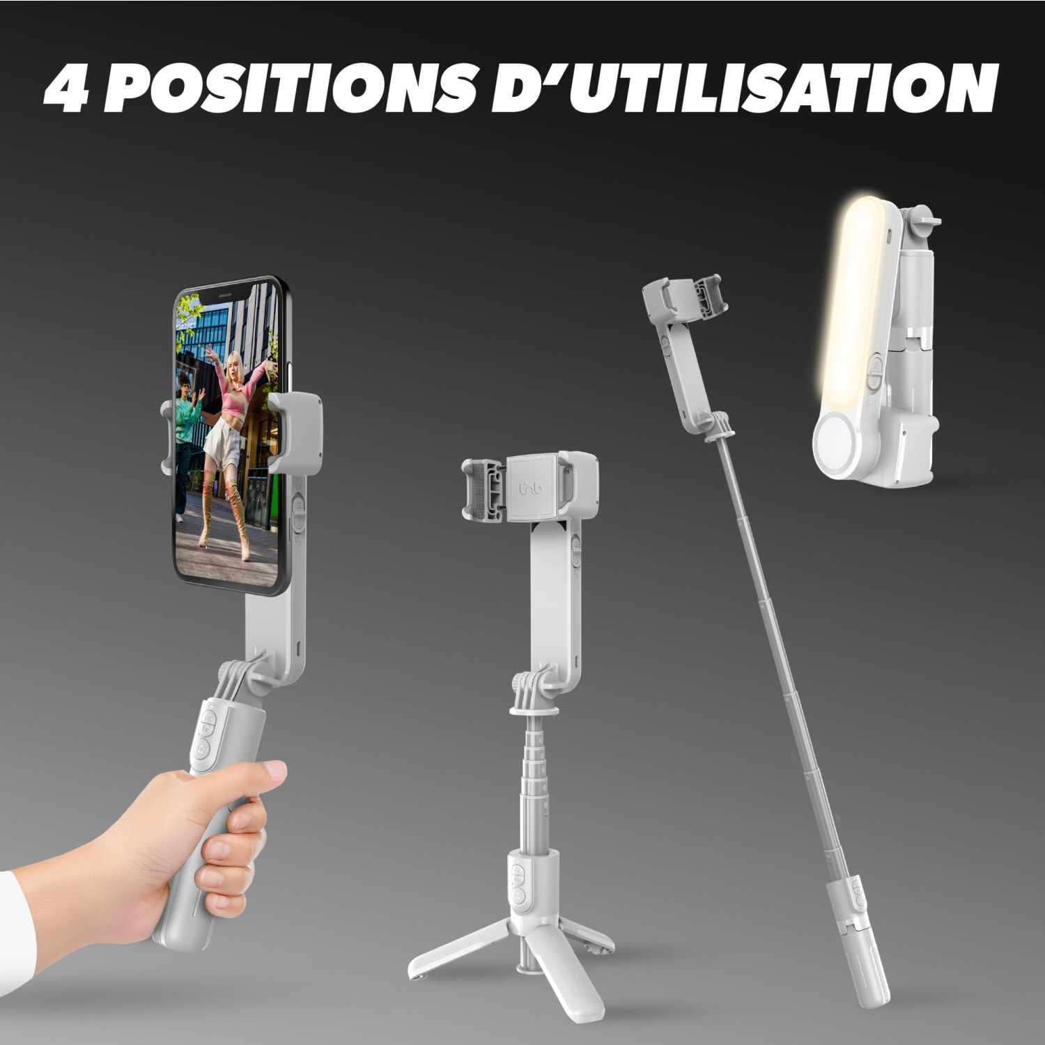 Egy telefontartó gimbal négy pozícióban: kézben, állványon, kihúzva és világítással.