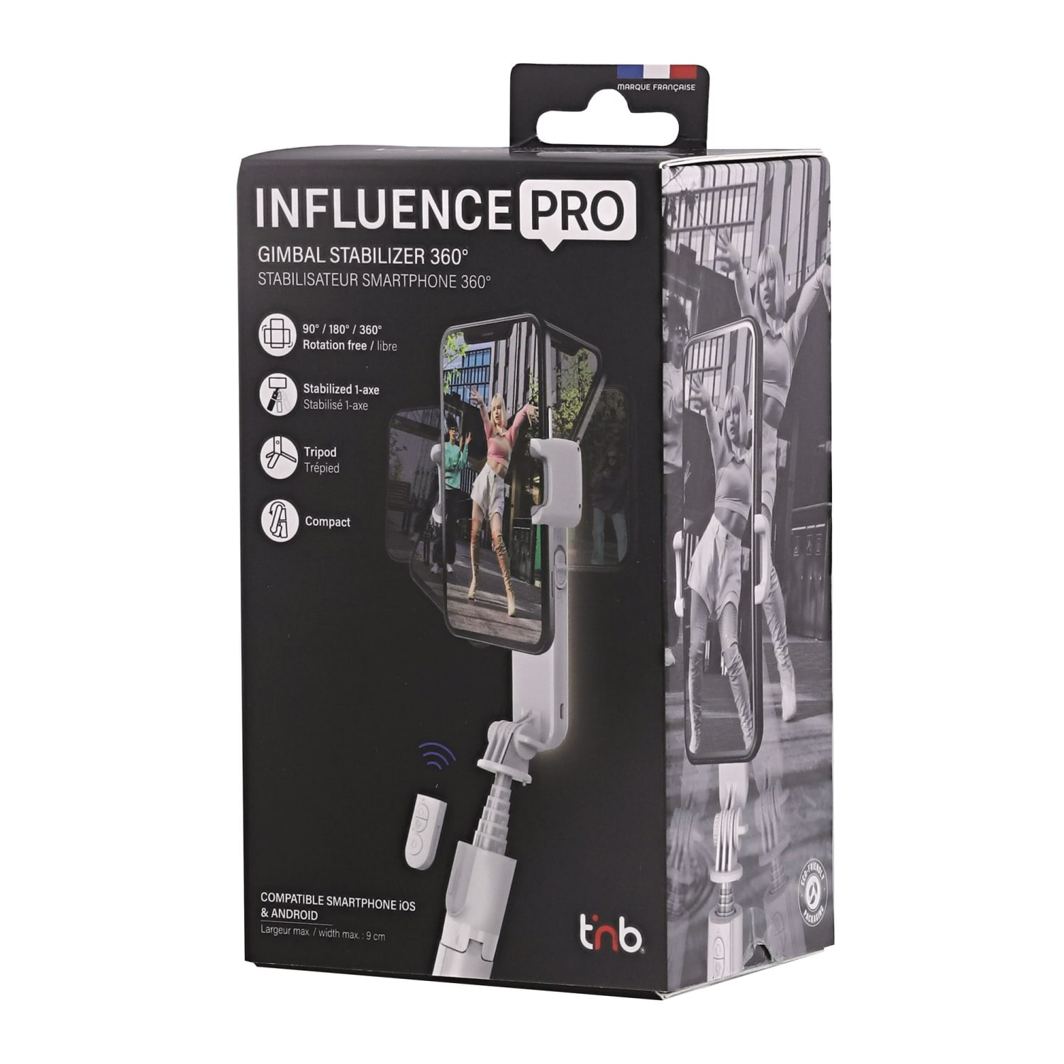 INFLUENCE PRO gimbal stabilizátor csomagolása okostelefon tartóval.