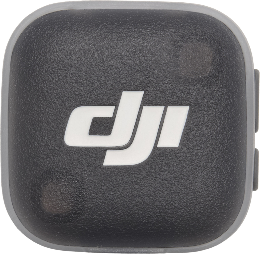 Logo DJI gris sur surface noire texturée avec bordure grise.