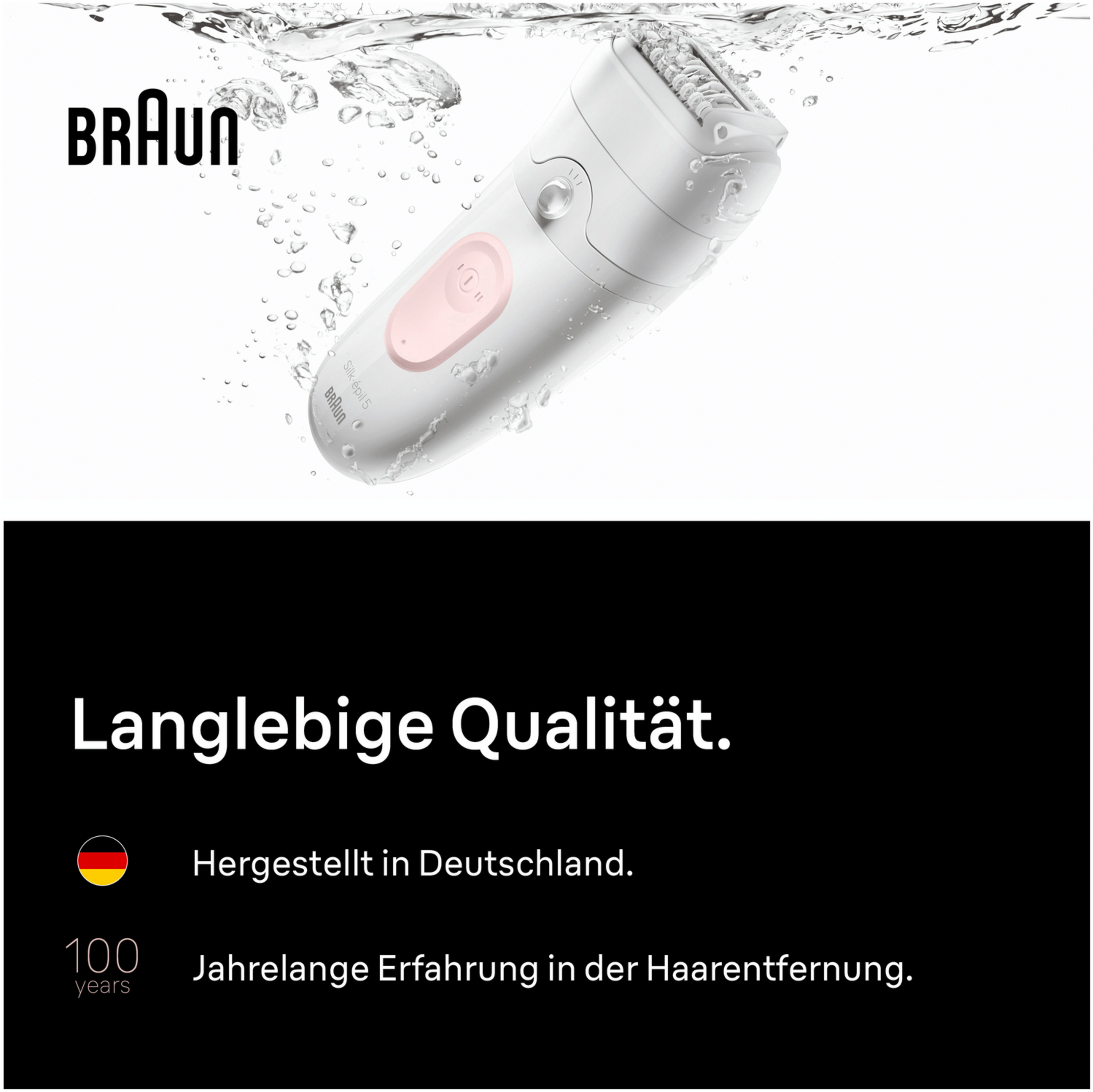 Braun Silk-épil 5 Epilierer unter Wasser, hergestellt in Deutschland.