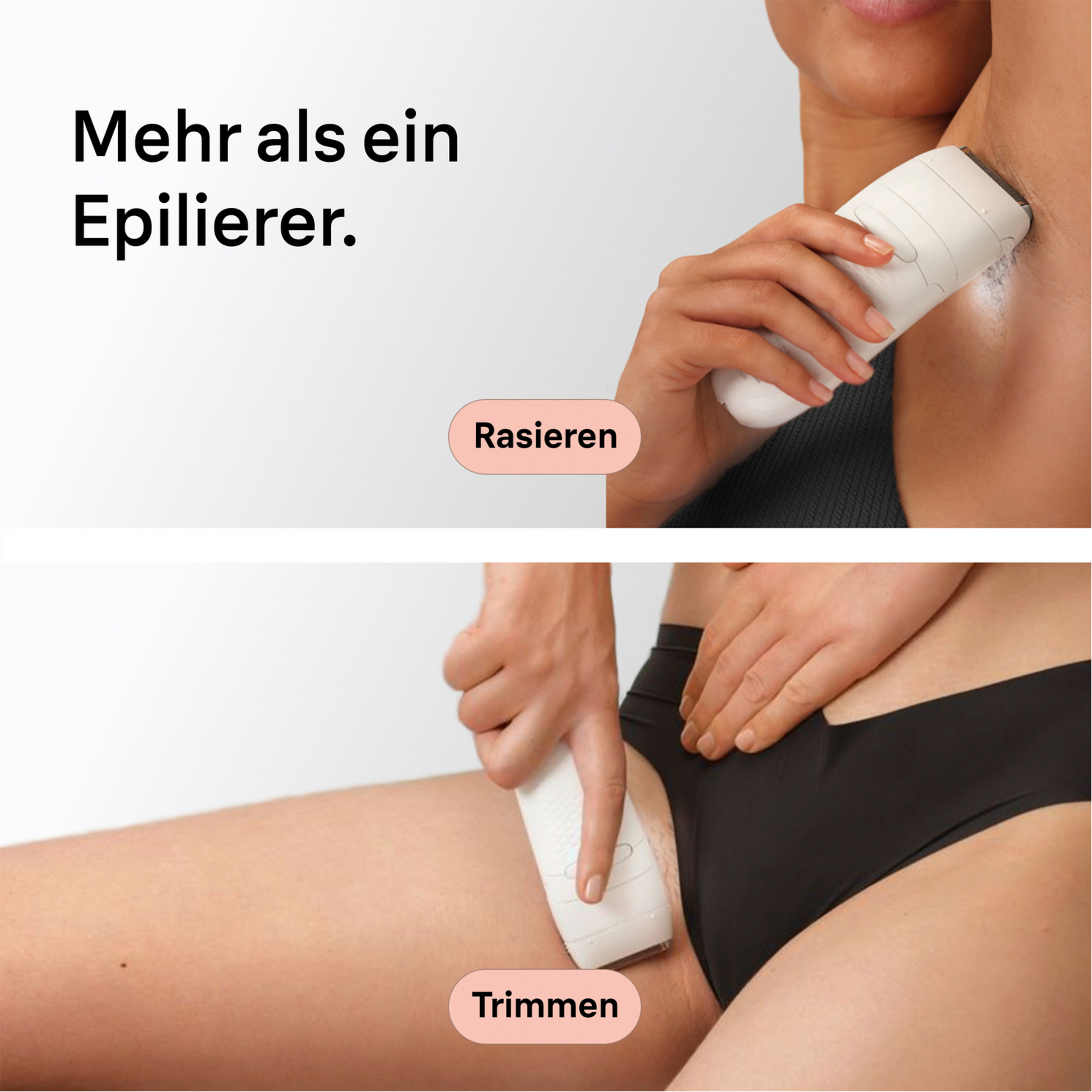 Eine Frau rasiert ihre Achseln mit einem weißen Epilierer.