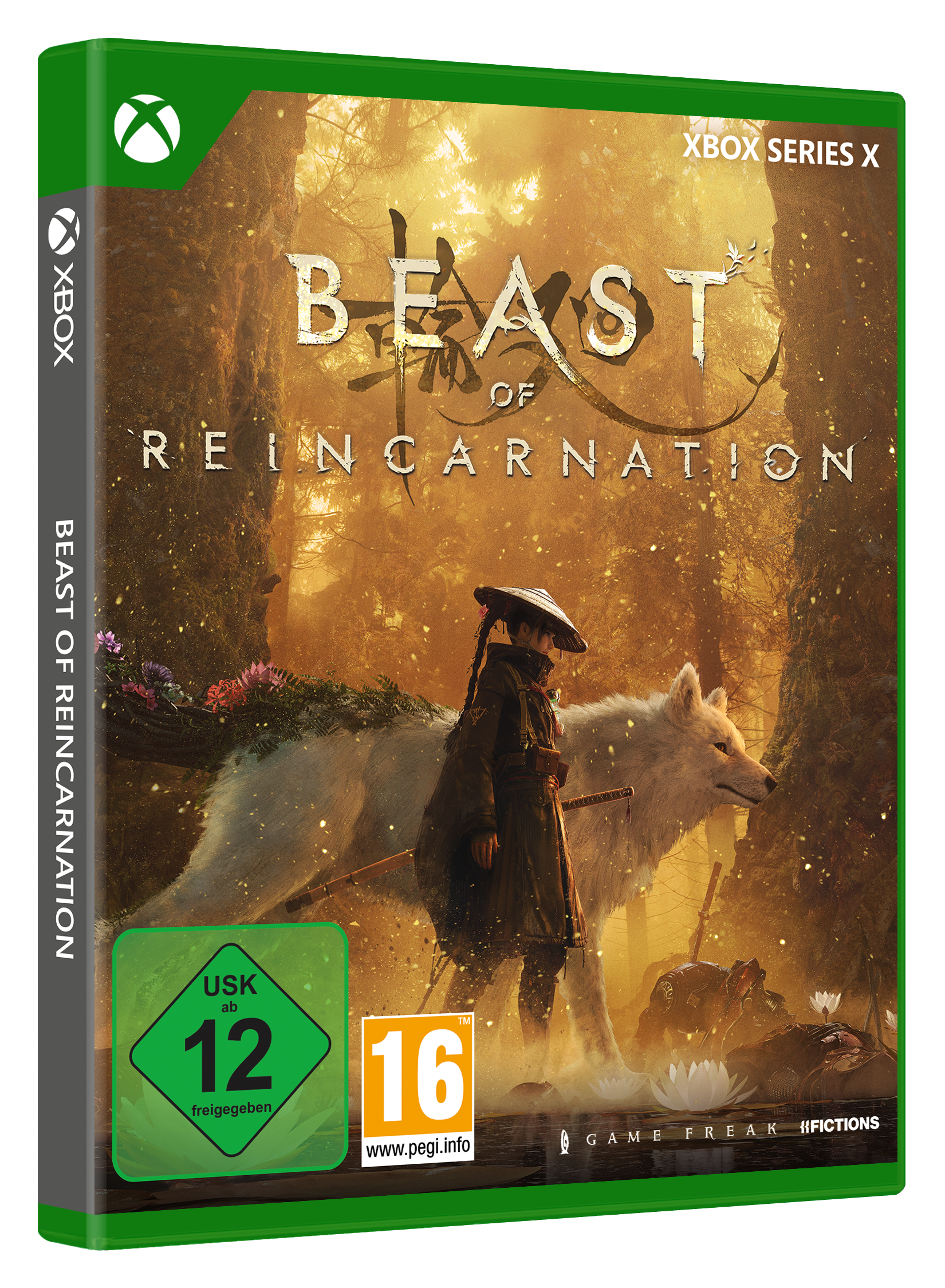 Xbox-Spielhülle mit Krieger, weißem Wolf und Wald. USK 12, PEGI 16.