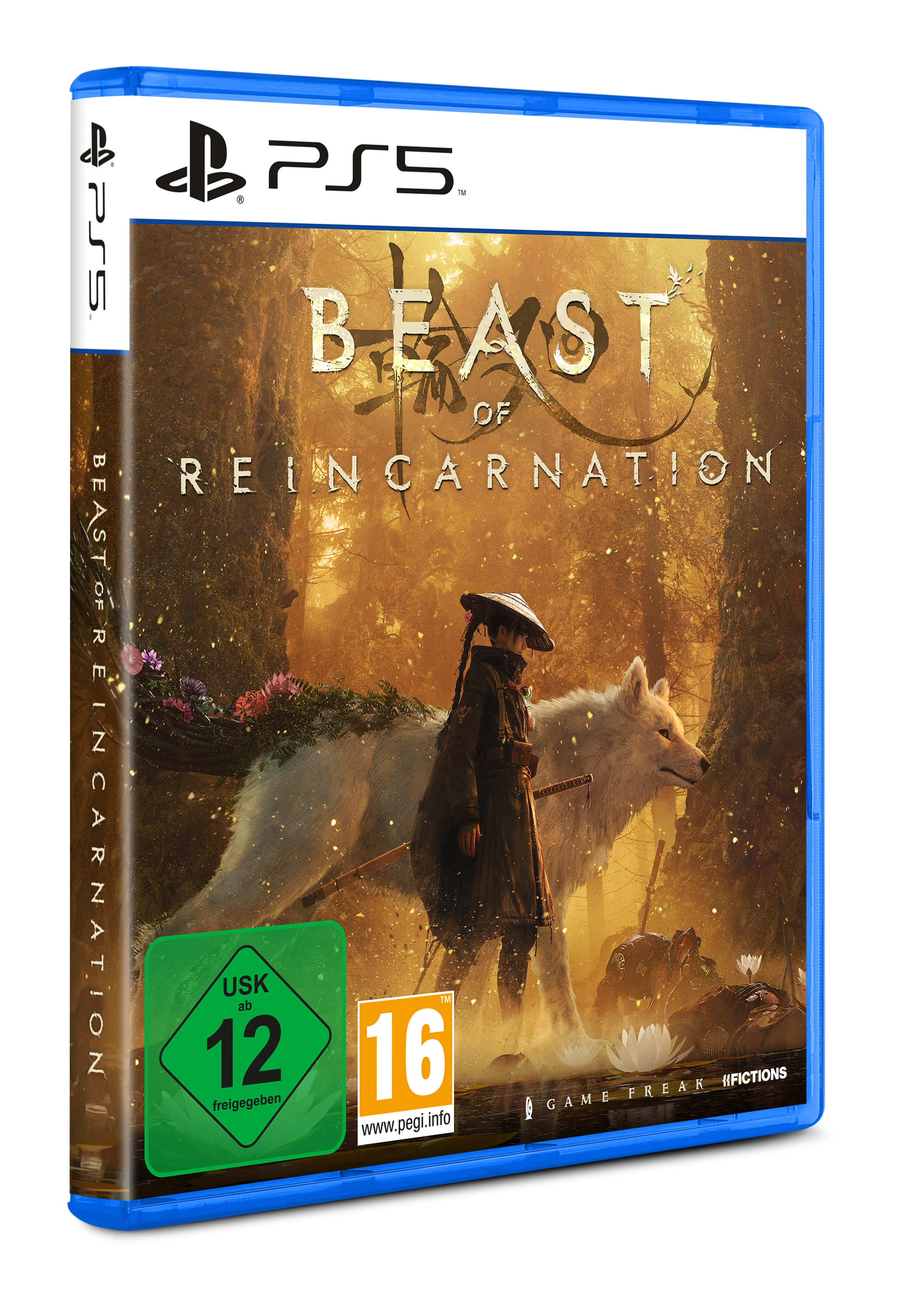 PS5 Spielhülle: Junge mit Hut und weißer Wolf in mystischem Wald. USK 12.
