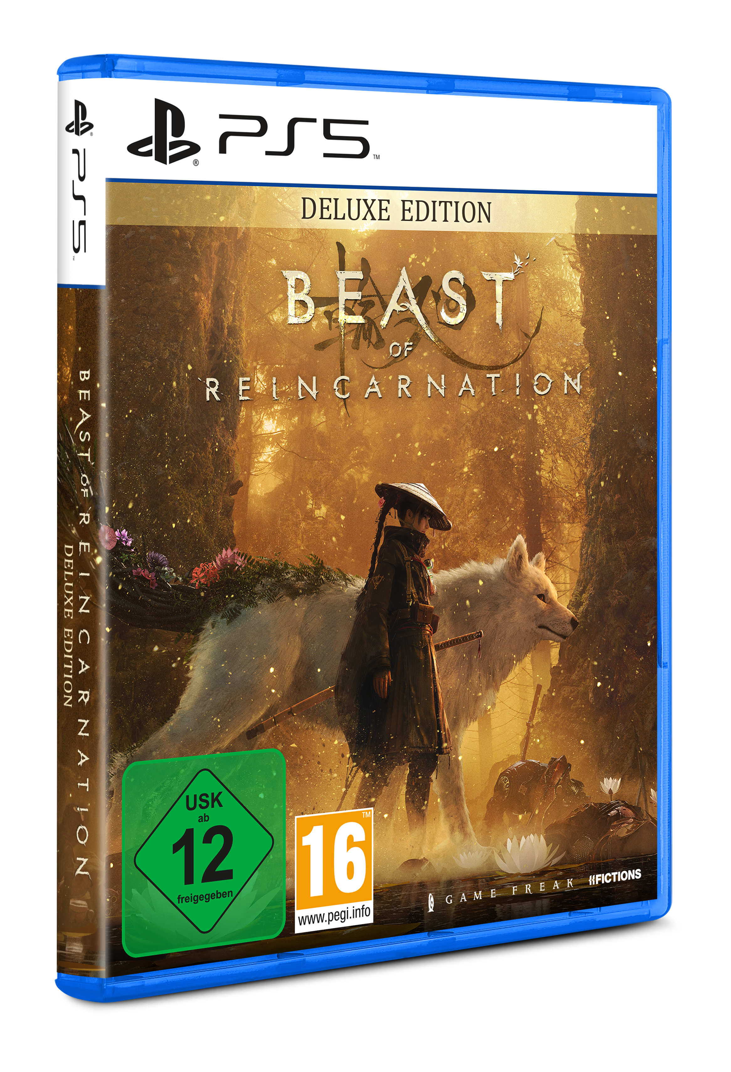 PS5 Spiel "Beast of Reincarnation Deluxe Edition" mit einem Mädchen und Wolf im Wald.