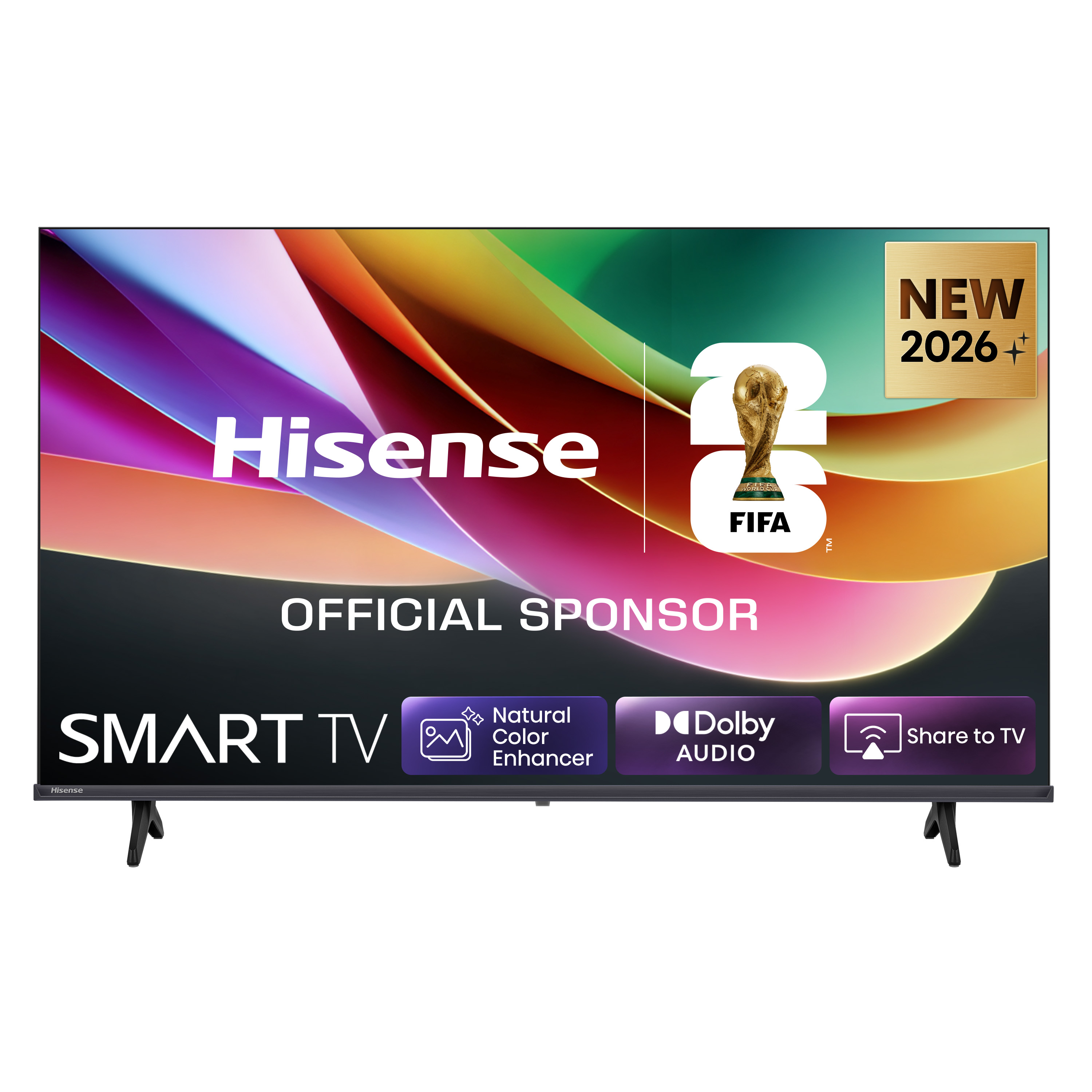 Hisense Smart TV z logo sponsora FIFA 2026, Natural Color Enhancer, Dolby Audio.