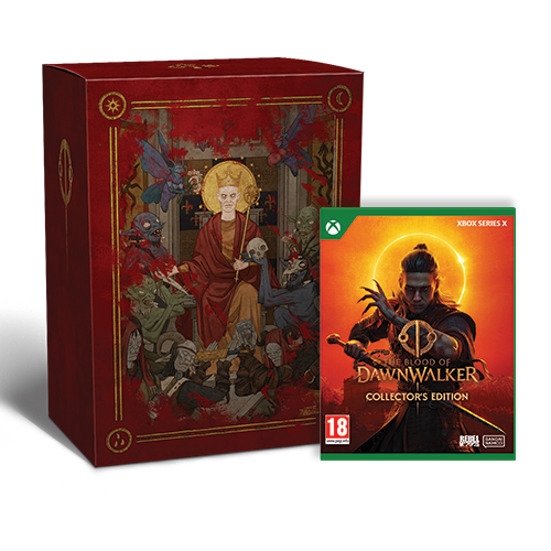 Caja de edición de coleccionista y funda de juego Xbox con arte de fantasía oscura.