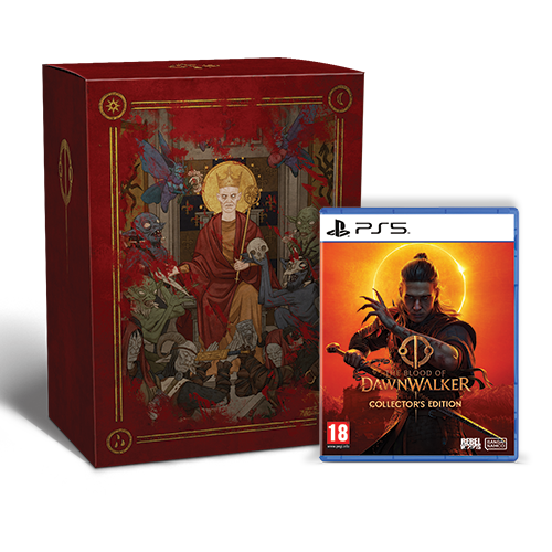 Caja de juego PS5 y caja de edición coleccionista con rey y criaturas.