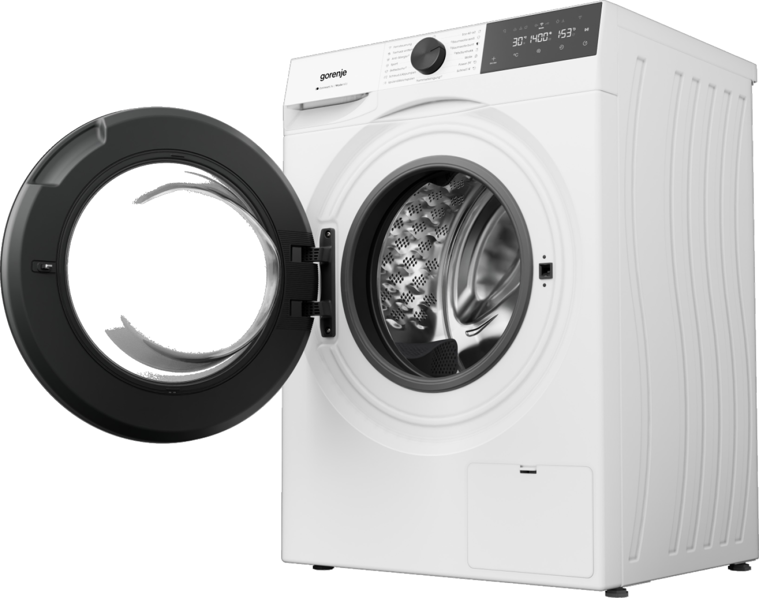 Eine weiße Gorenje Waschmaschine mit geöffneter schwarzer Tür und Trommel.