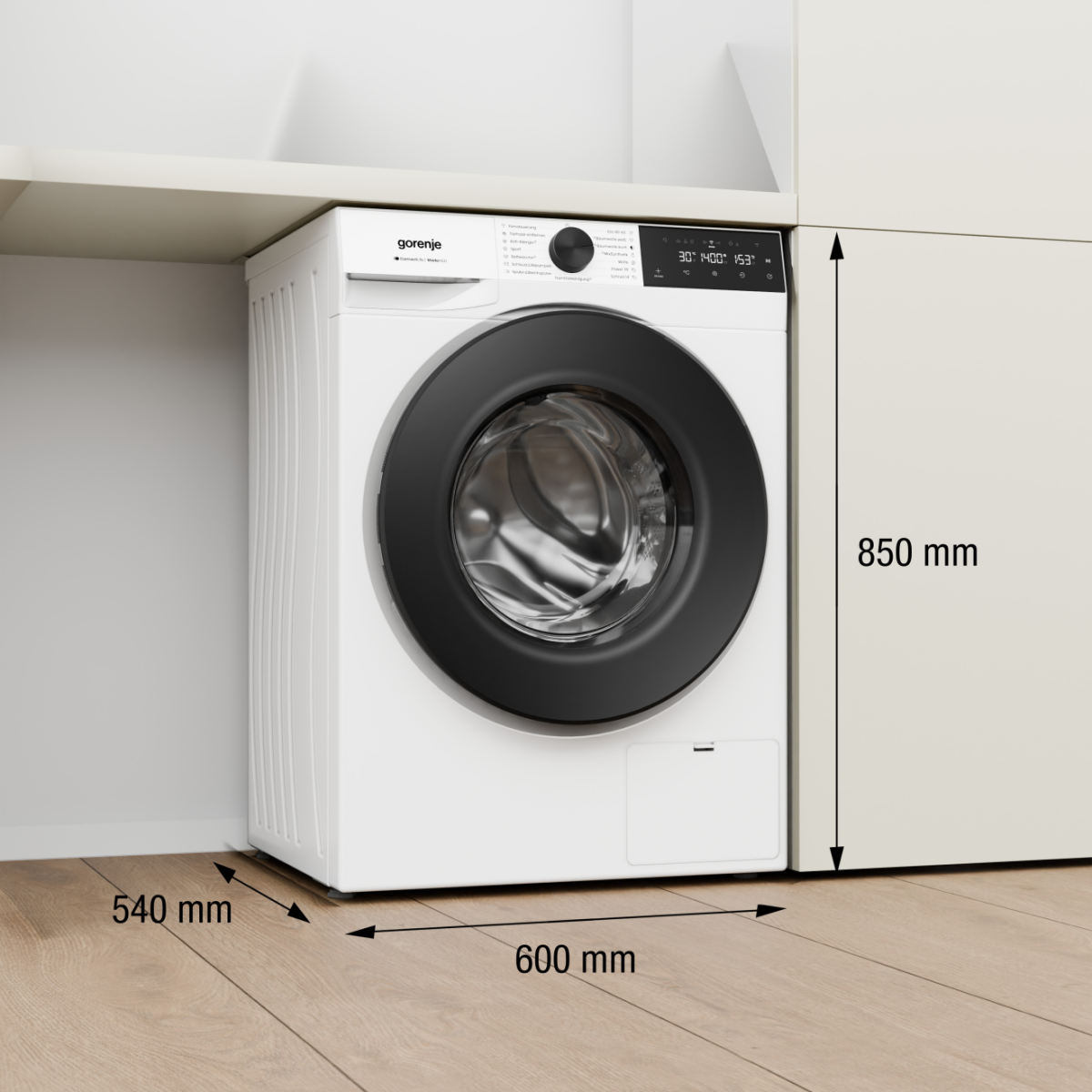 Weiße Gorenje Waschmaschine mit schwarzer Tür, 850mm hoch, 600mm breit.
