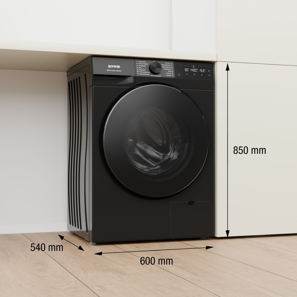 Schwarze Gorenje Waschmaschine, 850mm hoch, 600mm breit, 540mm tief.