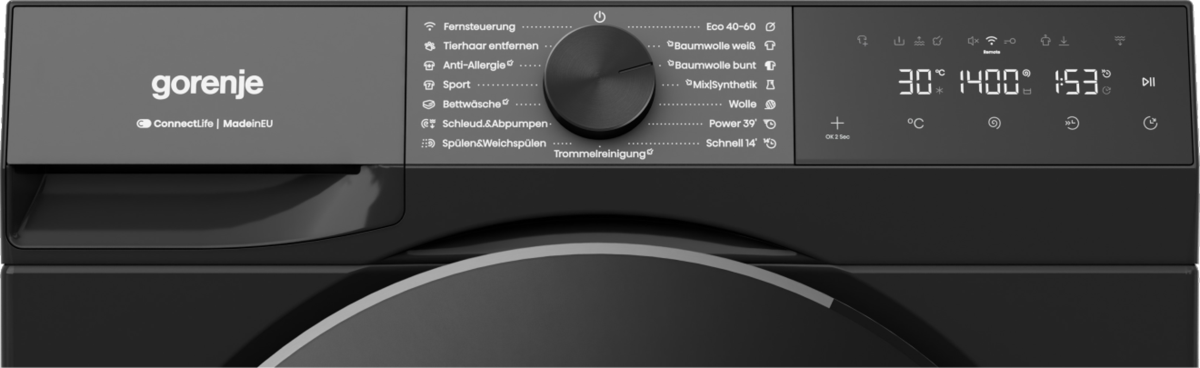 Schwarze Gorenje Waschmaschine mit Bedienfeld, Drehknopf und digitaler Anzeige.
