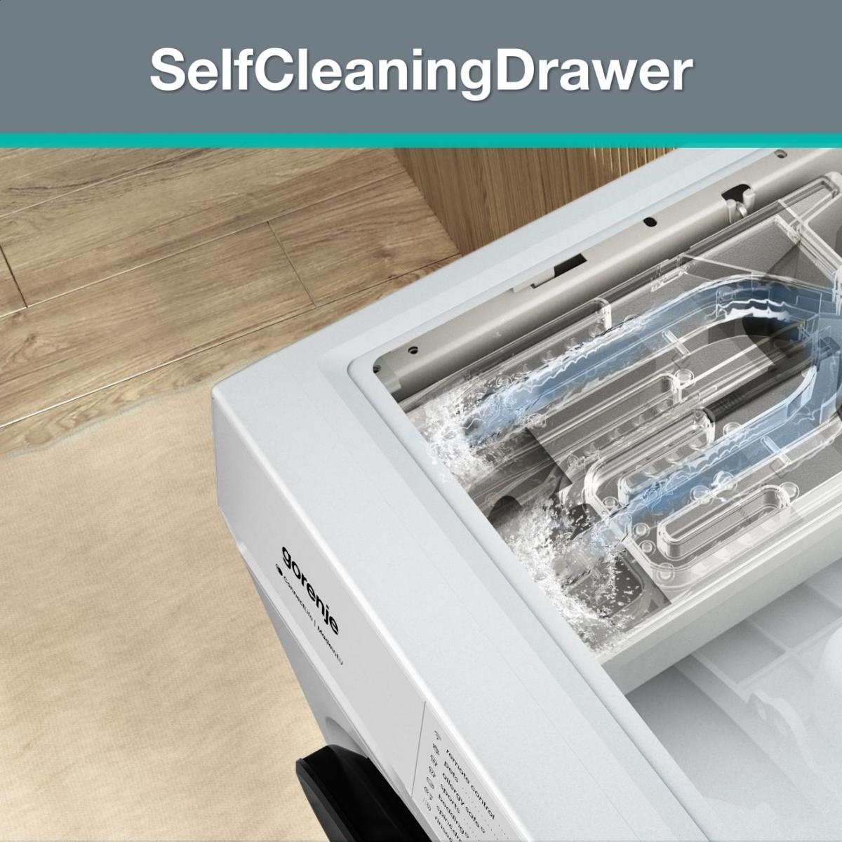 Ein Gorenje Waschmittelspender mit Wasser, das durch die Kammern fließt.