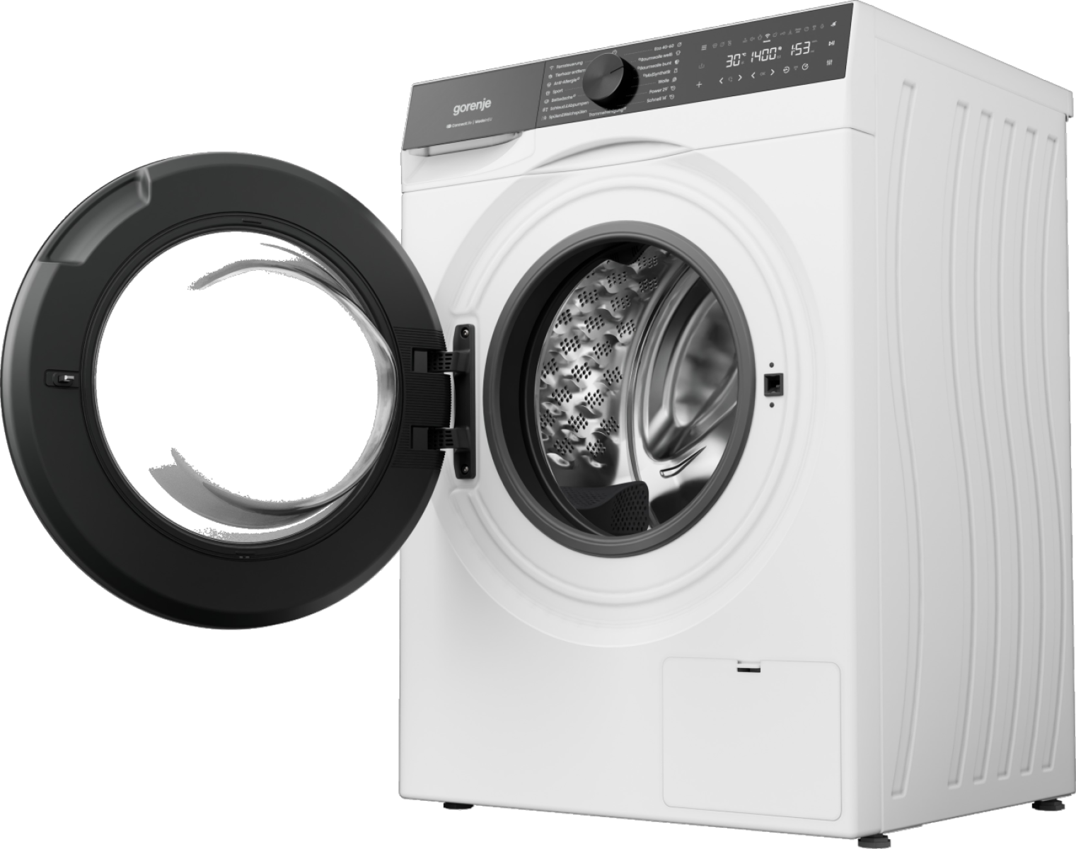 Weiße Gorenje Waschmaschine mit geöffneter Tür und digitalem Display.