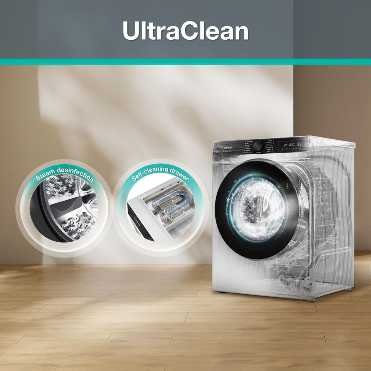 Waschmaschine mit "UltraClean"-Funktion, Dampfdesinfektion und selbstreinigendem Fach.