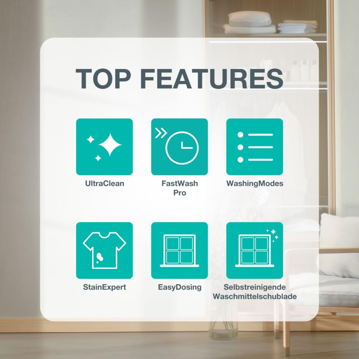 Top-Funktionen: UltraClean, FastWash Pro, Waschmodi, FleckenExperte, Einfache Dosierung, Selbstreinigende Schublade.