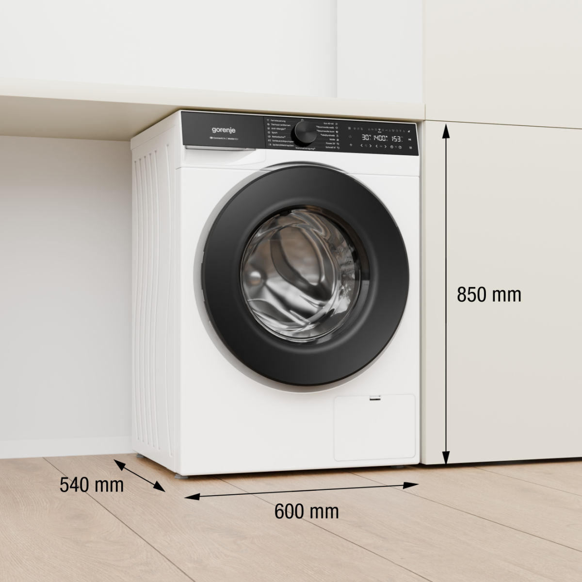 Eine weiße Waschmaschine mit schwarzer Tür und Bedienfeld, Maße angegeben.