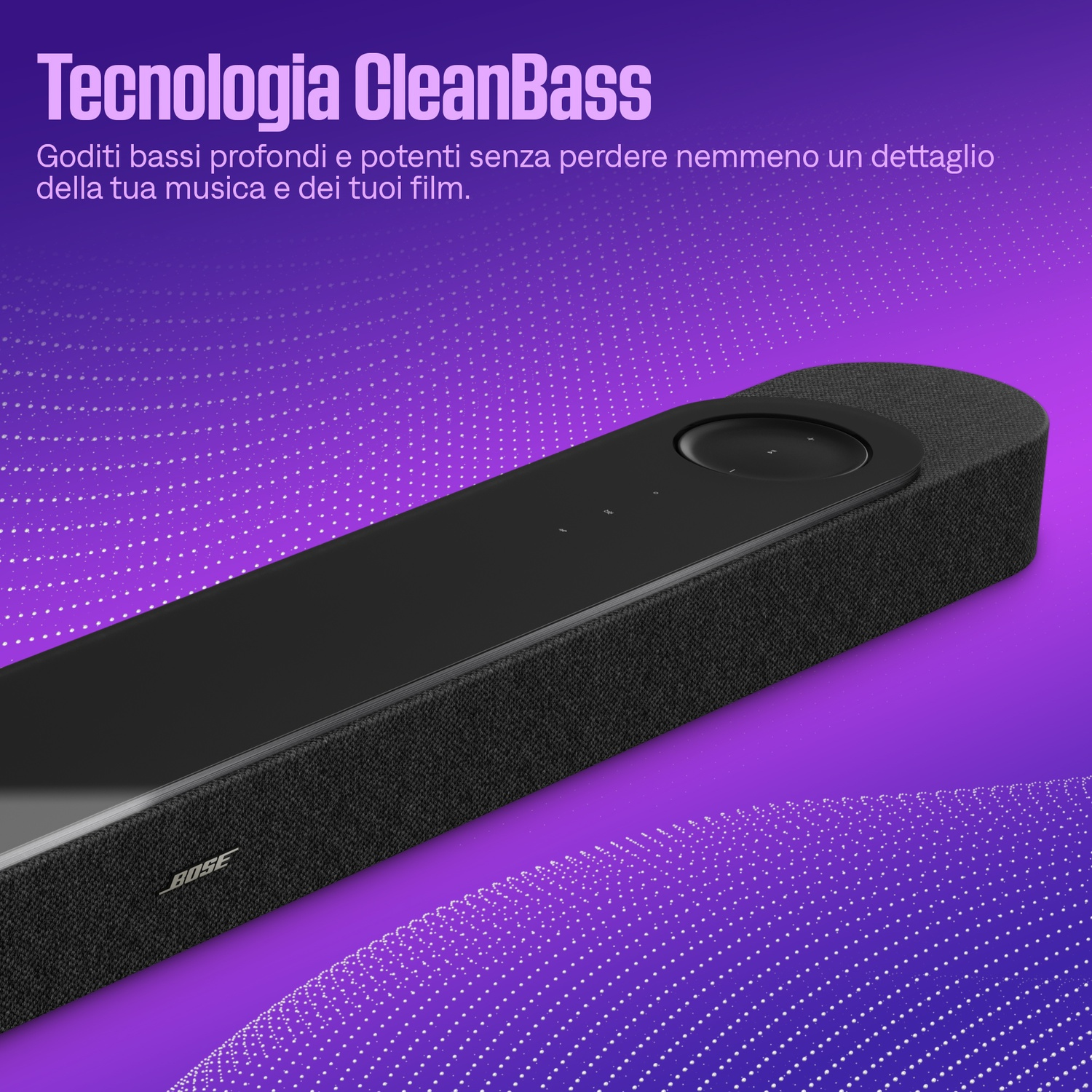 Soundbar Bose nera con finitura in tessuto su sfondo viola.