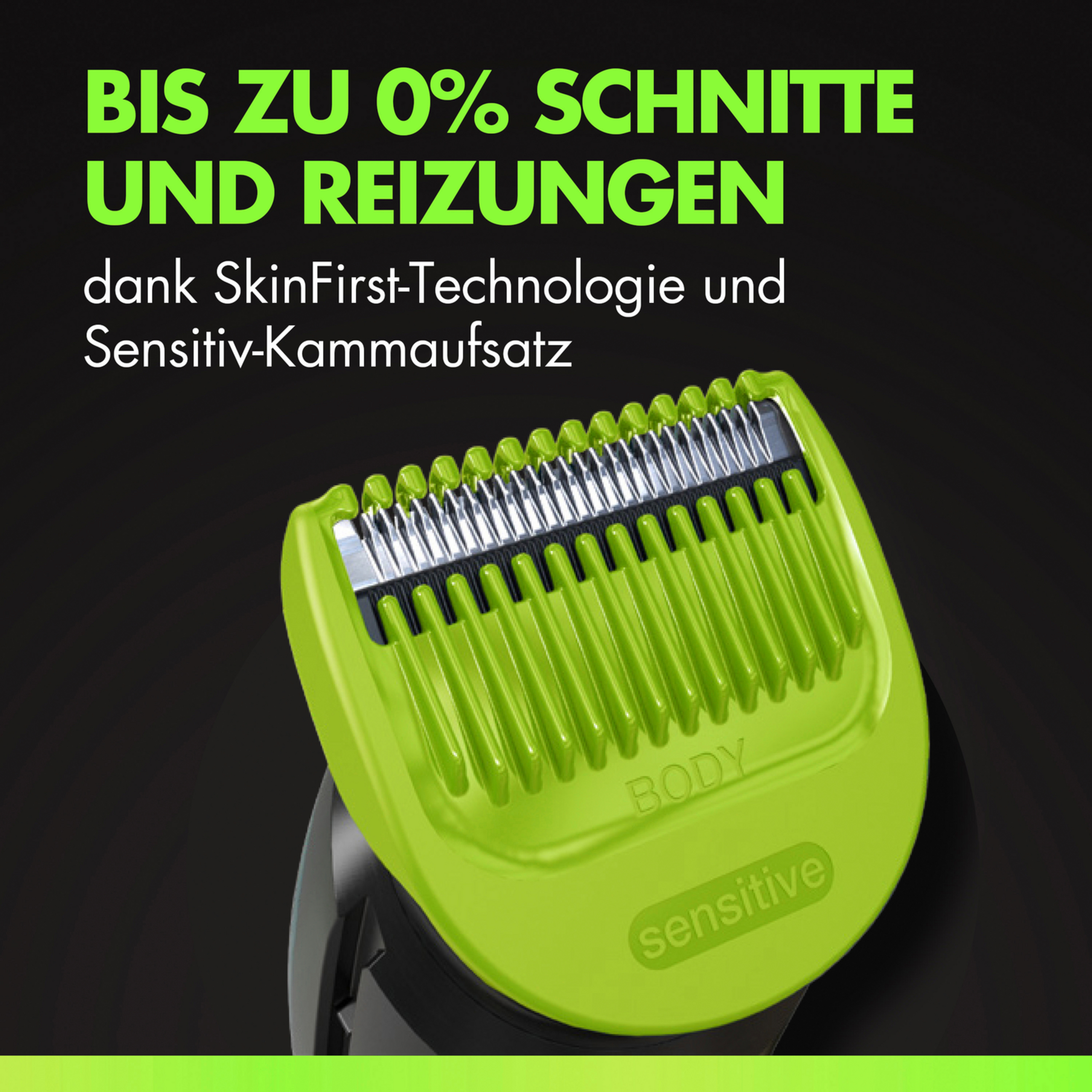Grüner Trimmeraufsatz mit Klingen und Text.