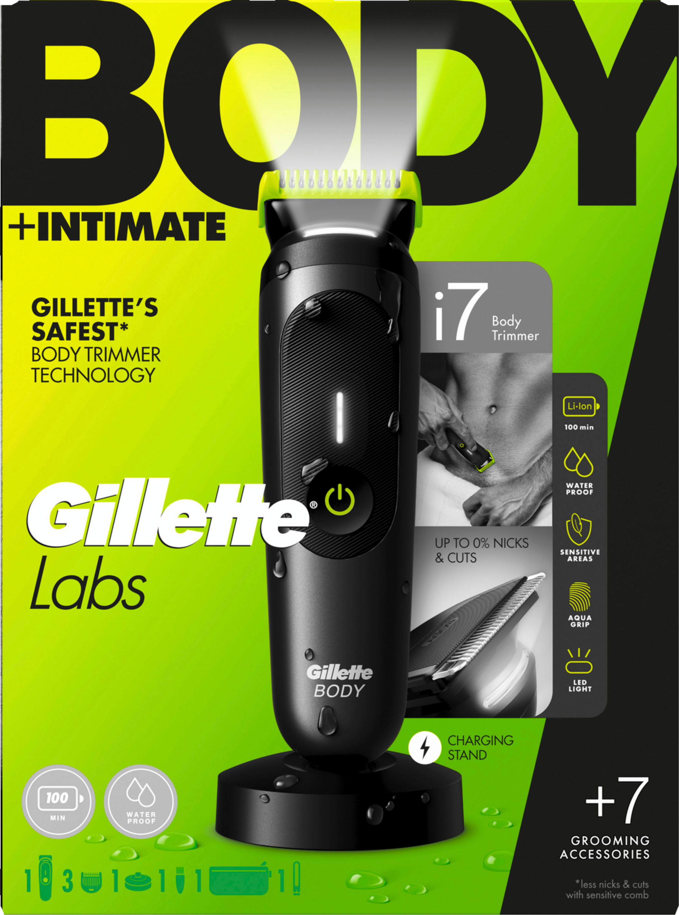 Gillette Body i7 Trimmer auf Ladestation, mit Zubehör und Merkmalen.