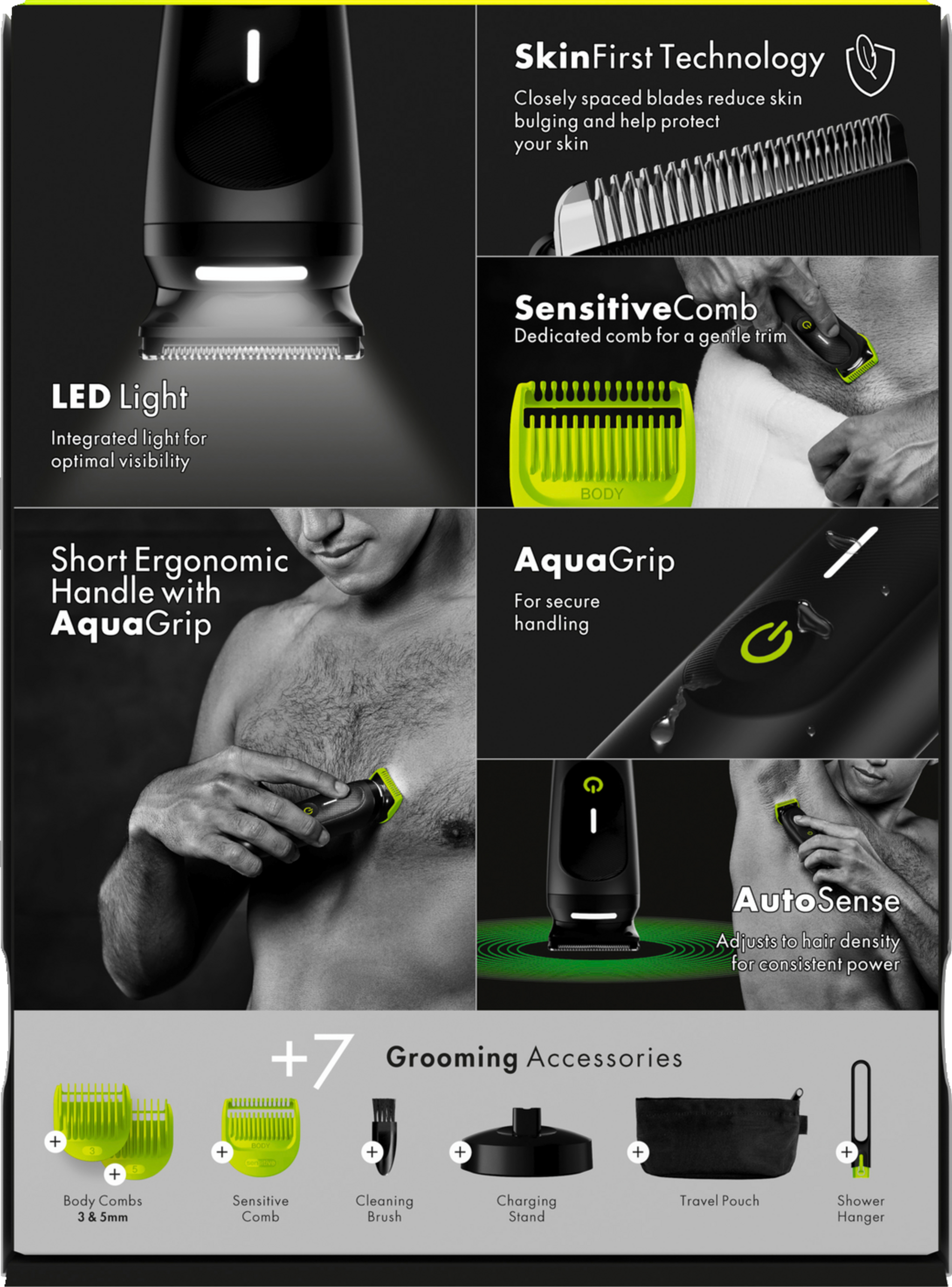 Details des Pflegegeräts: LED-Licht, SkinFirst-Technologie, SensitiveComb, AquaGrip, AutoSense.