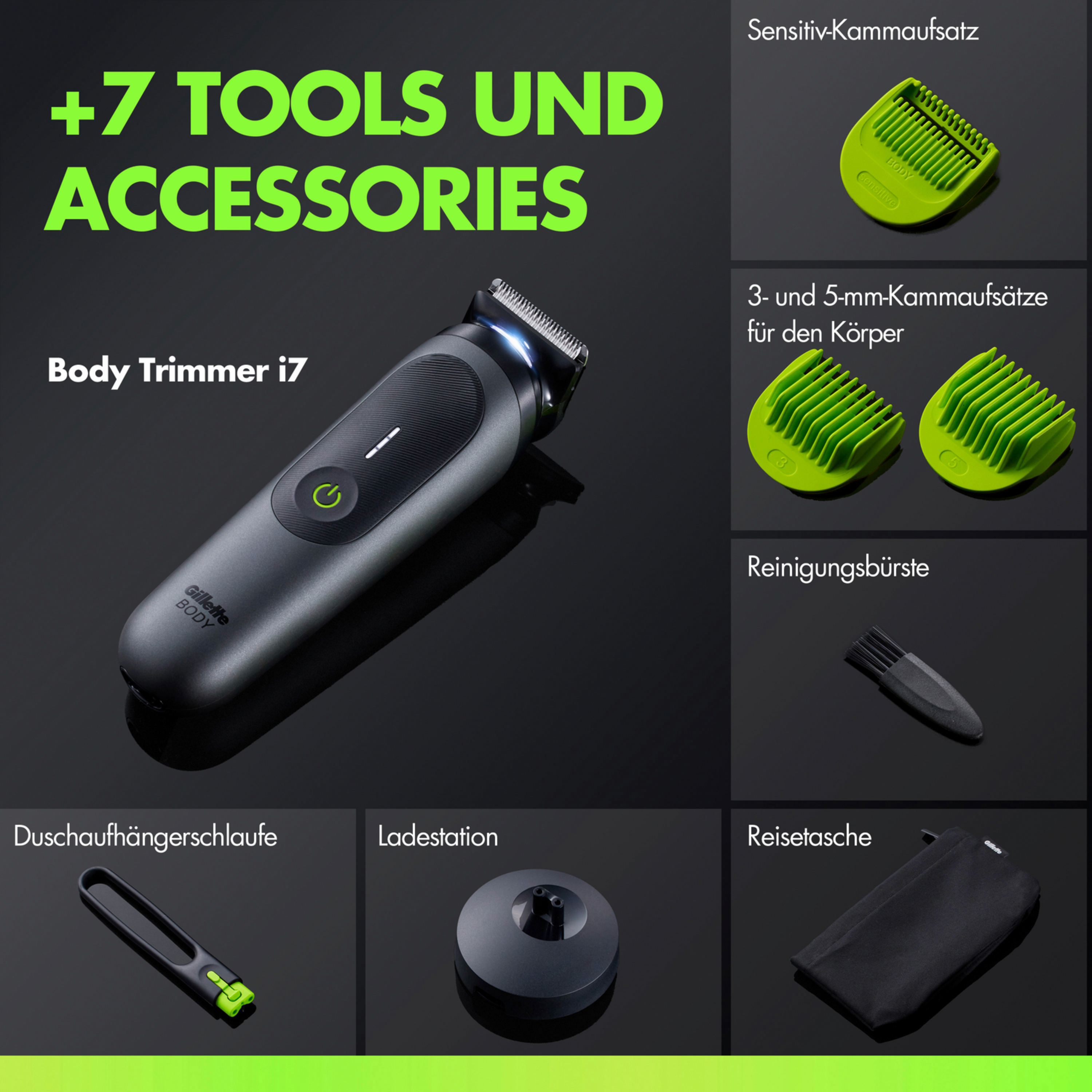 Gillette Body Trimmer i7 mit Zubehör: Kammaufsätze, Bürste, Ladestation, Tasche.