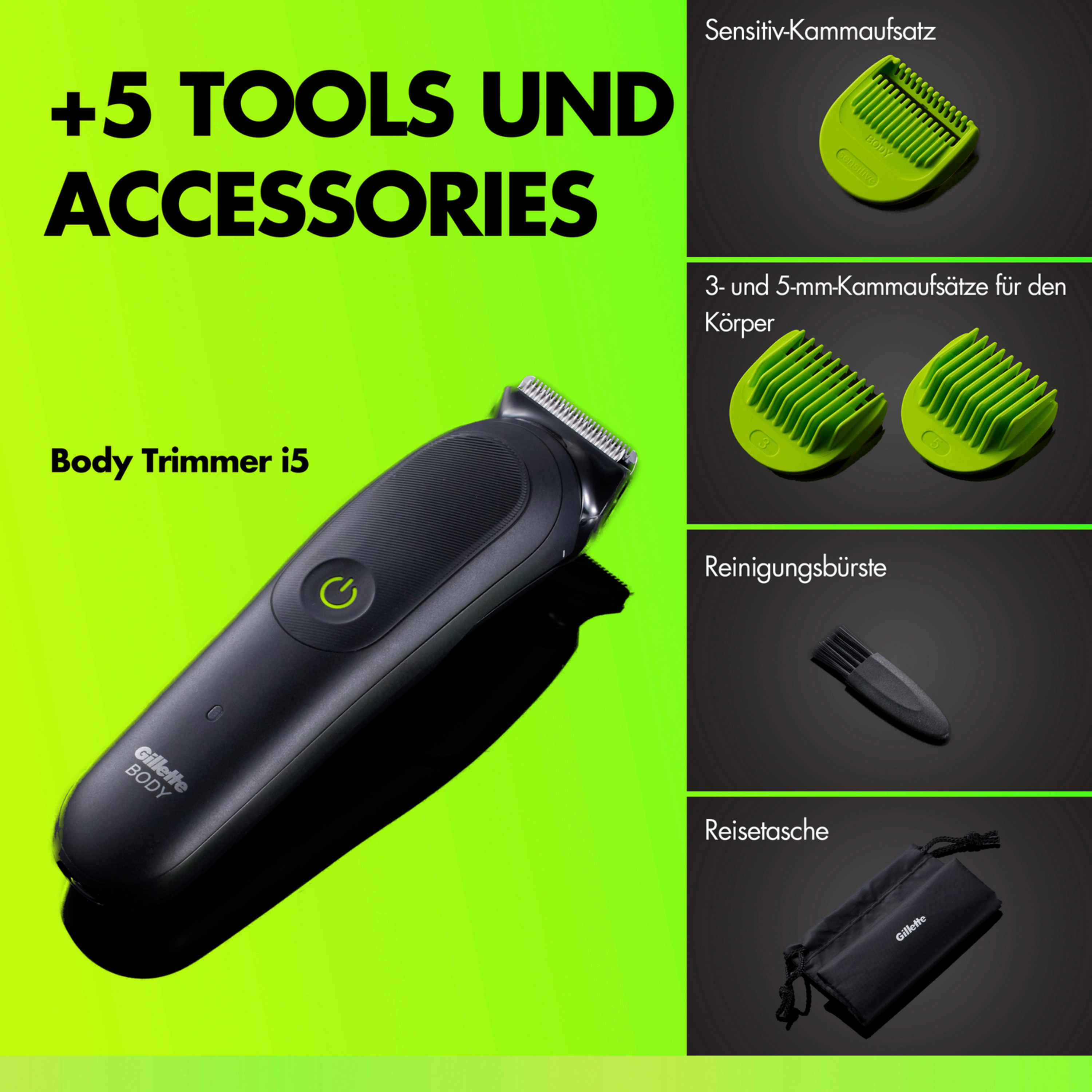 Ein schwarzer Body-Trimmer mit grünen Accessoires auf hellem Hintergrund.