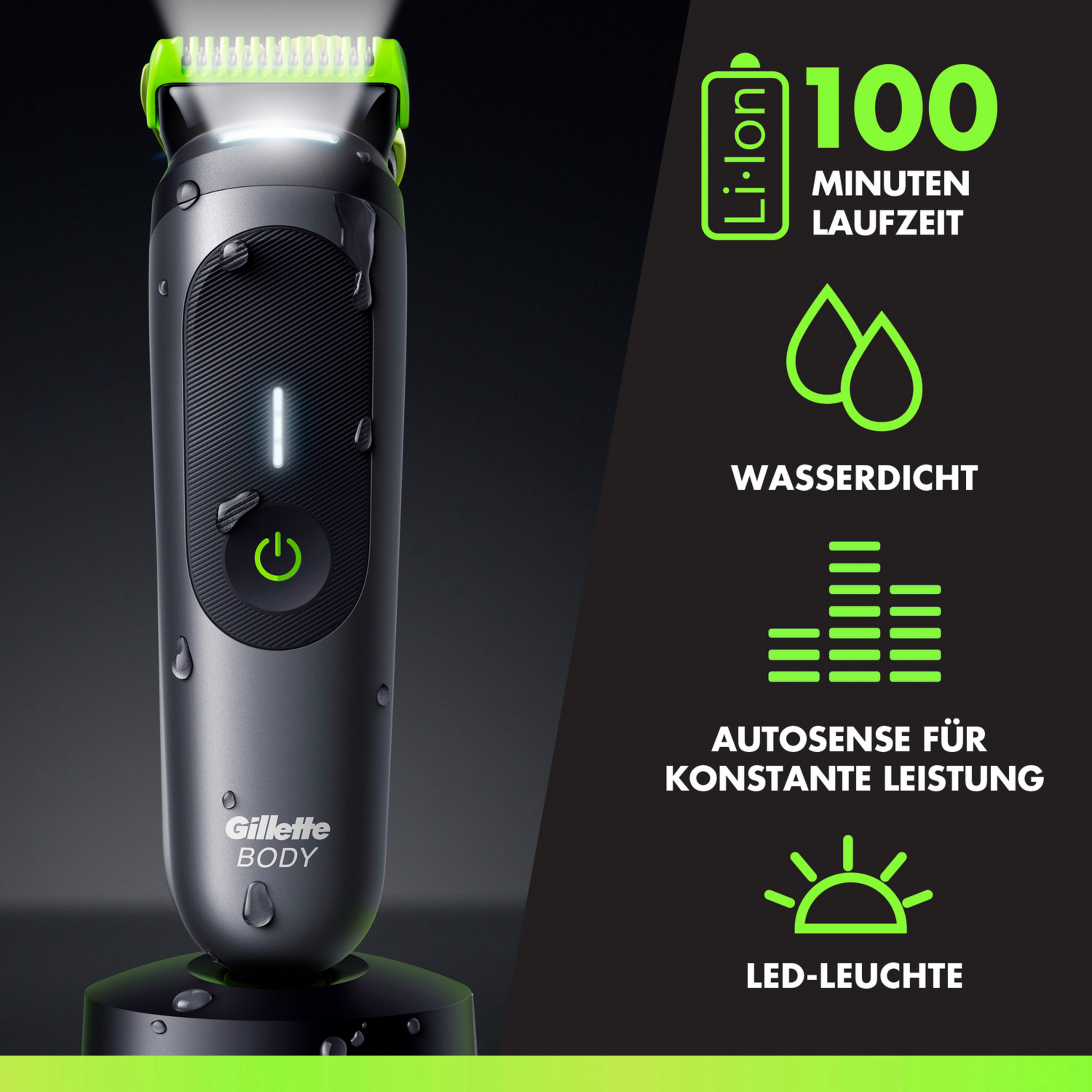 Ein nasser Gillette Body Trimmer mit LED, Li-Ion Akku, 100 Min. Laufzeit.