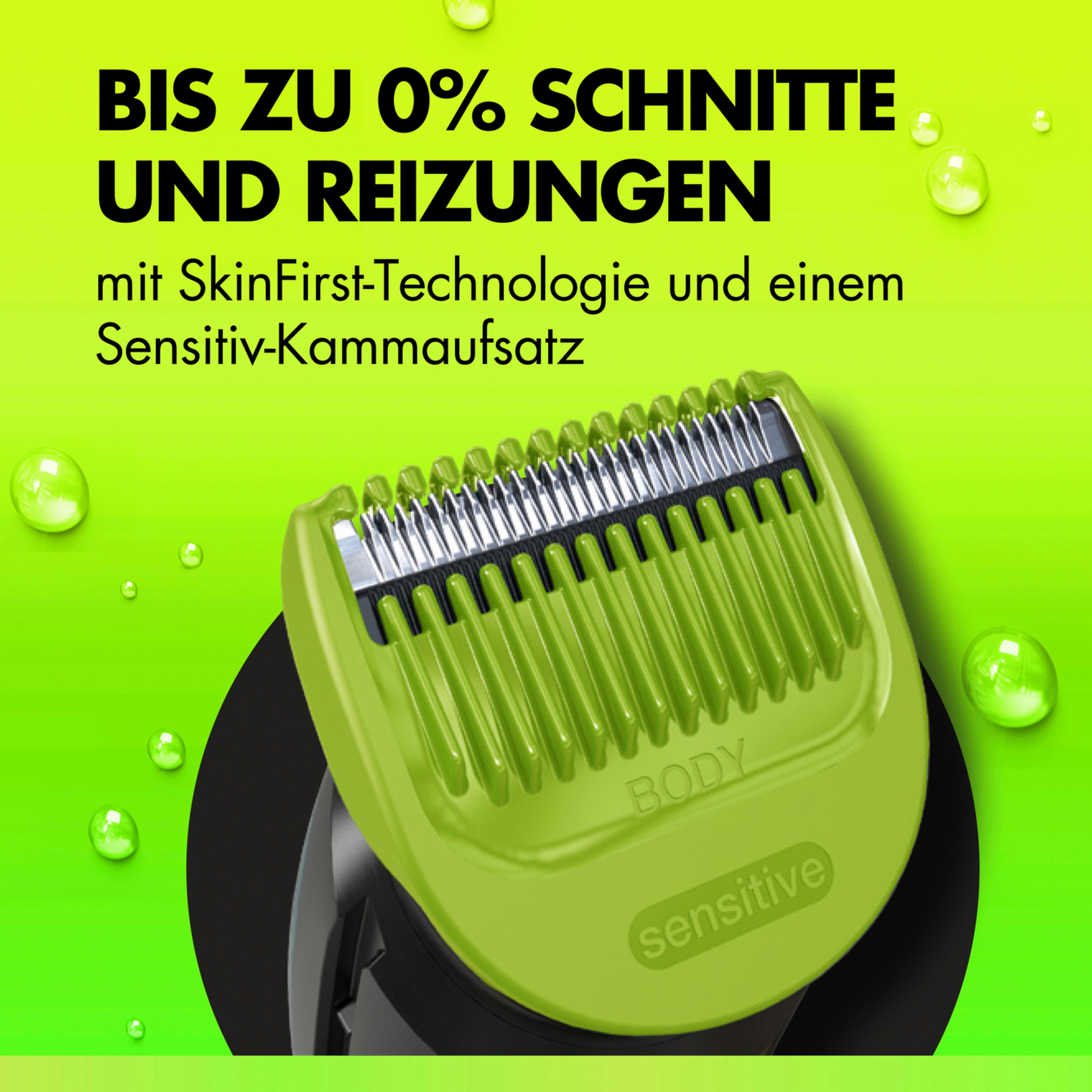 Ein grüner Trimmeraufsatz mit Metallklingen auf neongrünem Hintergrund.