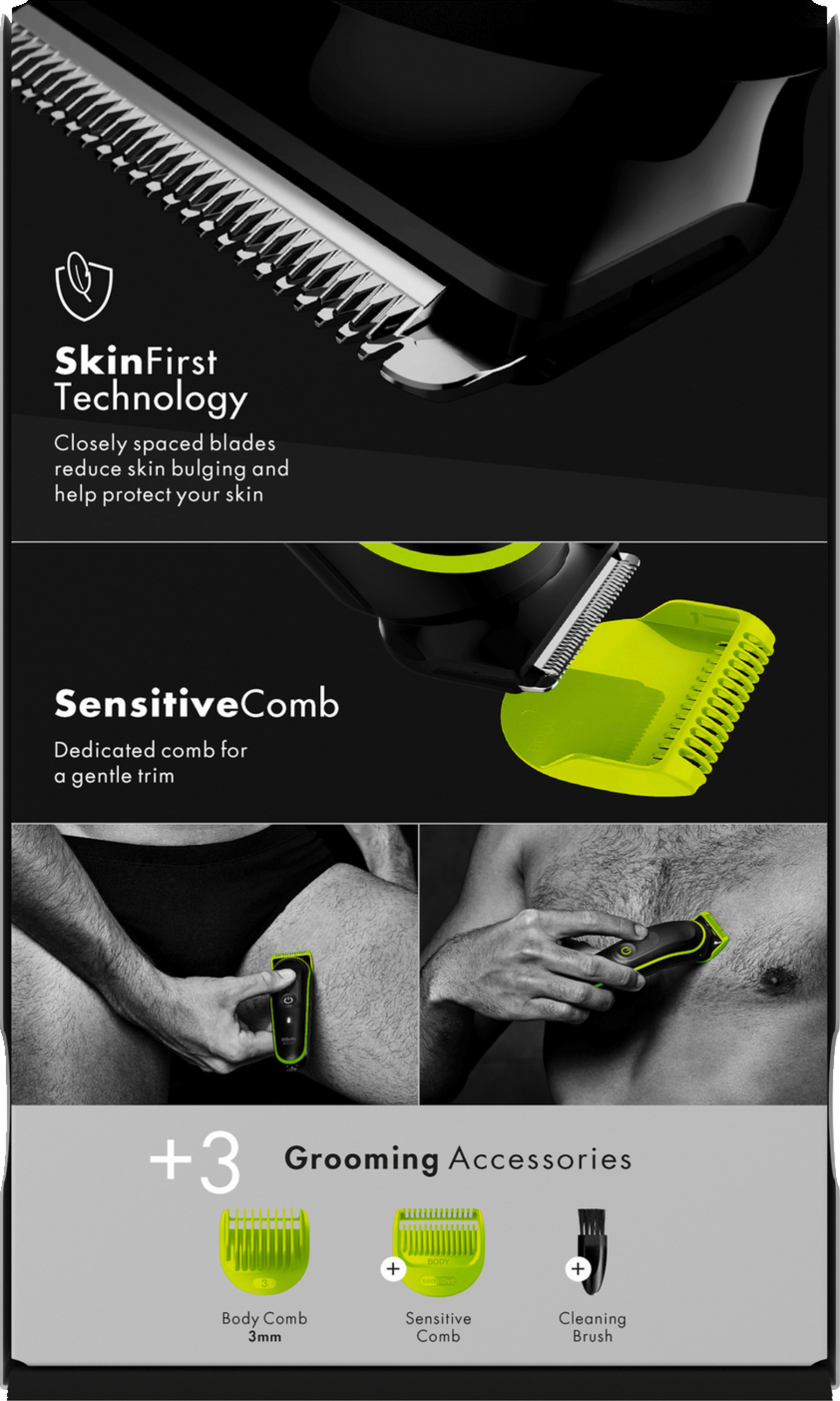 Nahaufnahme eines Trimmers mit SkinFirst-Technologie und SensitiveComb-Aufsatz.