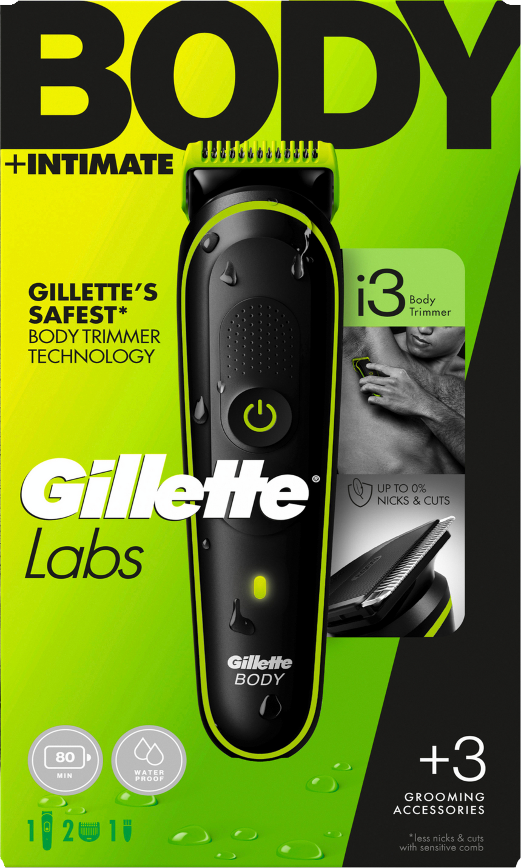 Gillette Body Trimmer Verpackung. Schwarz und grün mit großer Schrift.