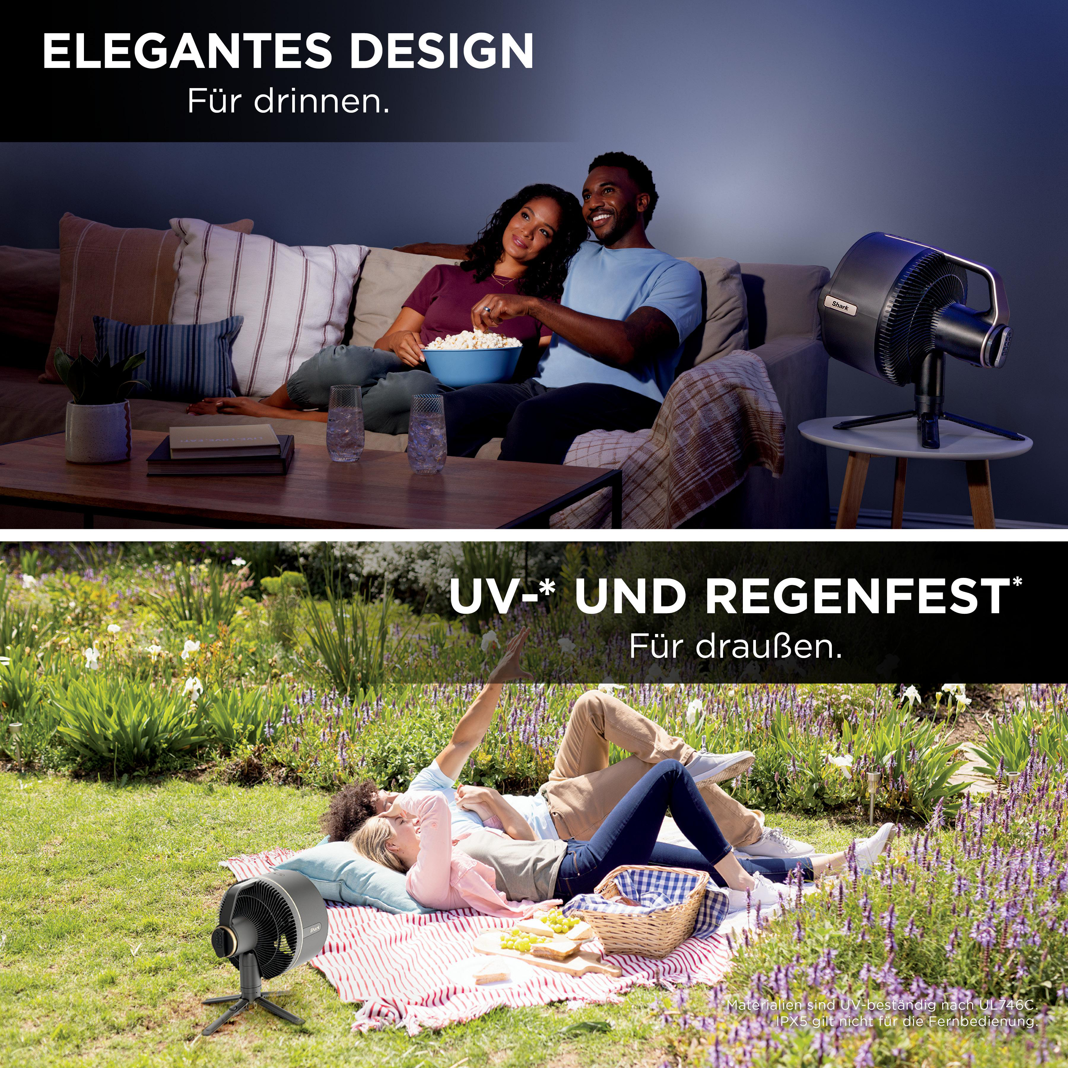 Ein Paar entspannt auf dem Sofa, während ein Ventilator im Hintergrund steht.