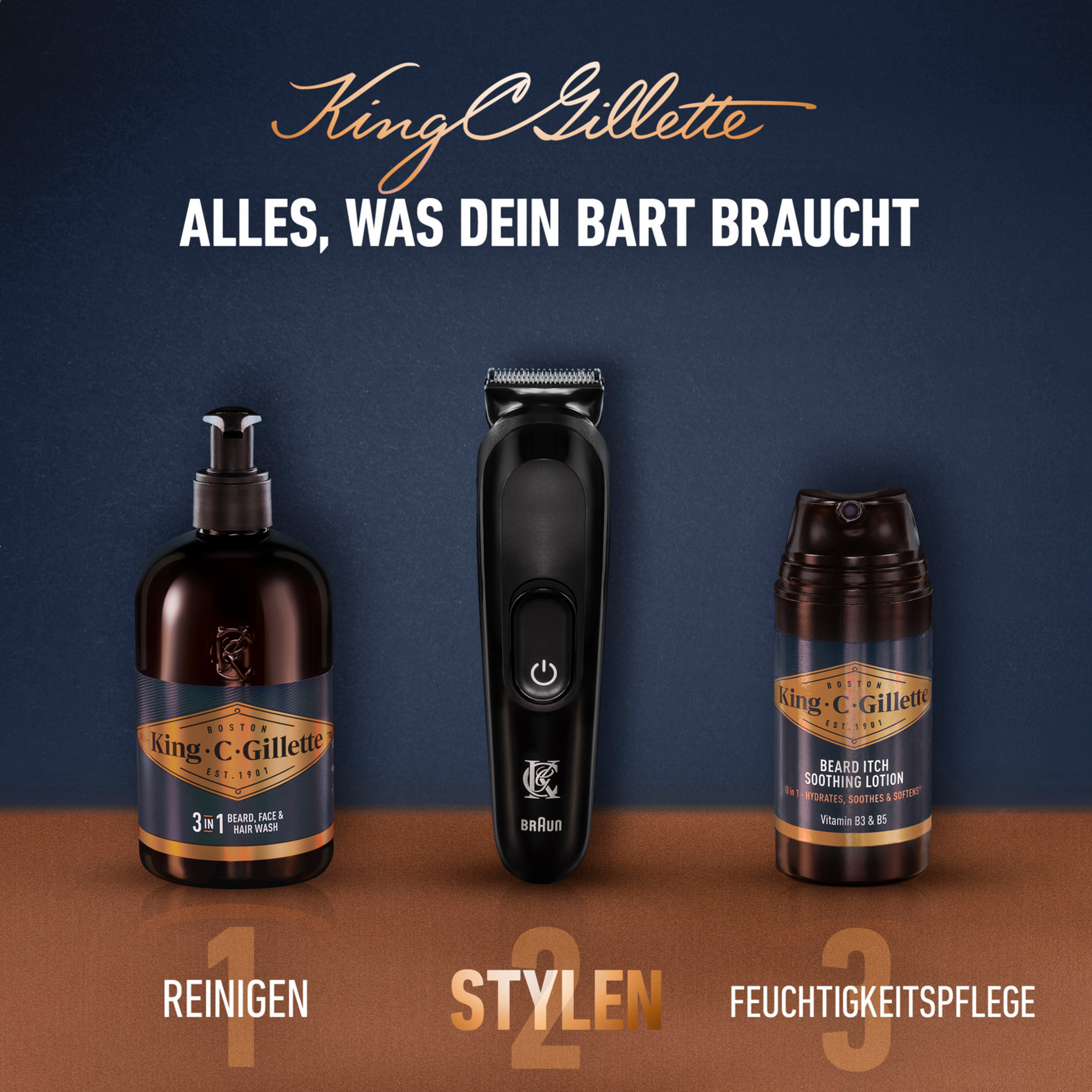 King C. Gillette Bartpflege: Reinigen, Stylen, Feuchtigkeitspflege.