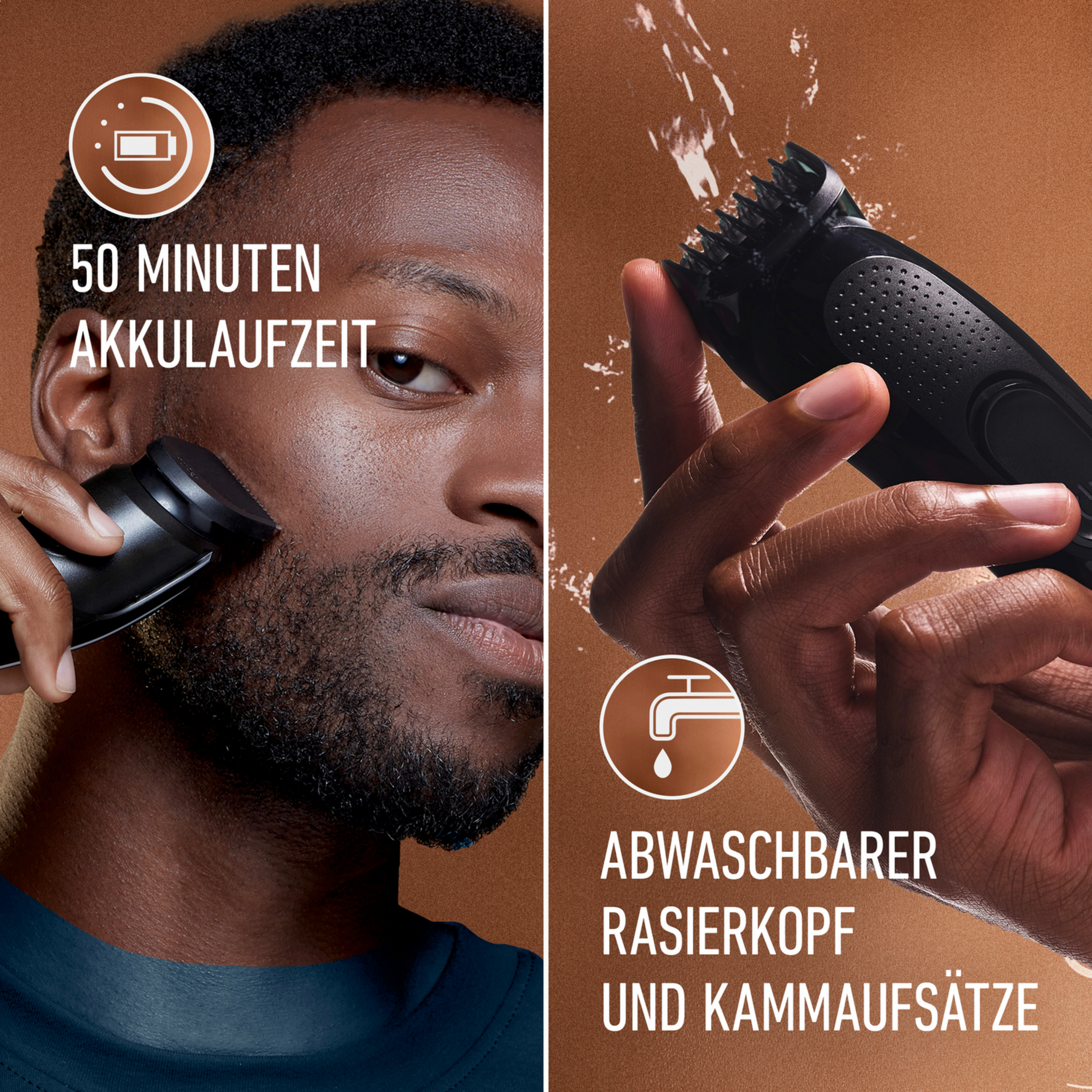 Mann rasiert sich, daneben eine abwaschbare Rasierkopfanzeige.