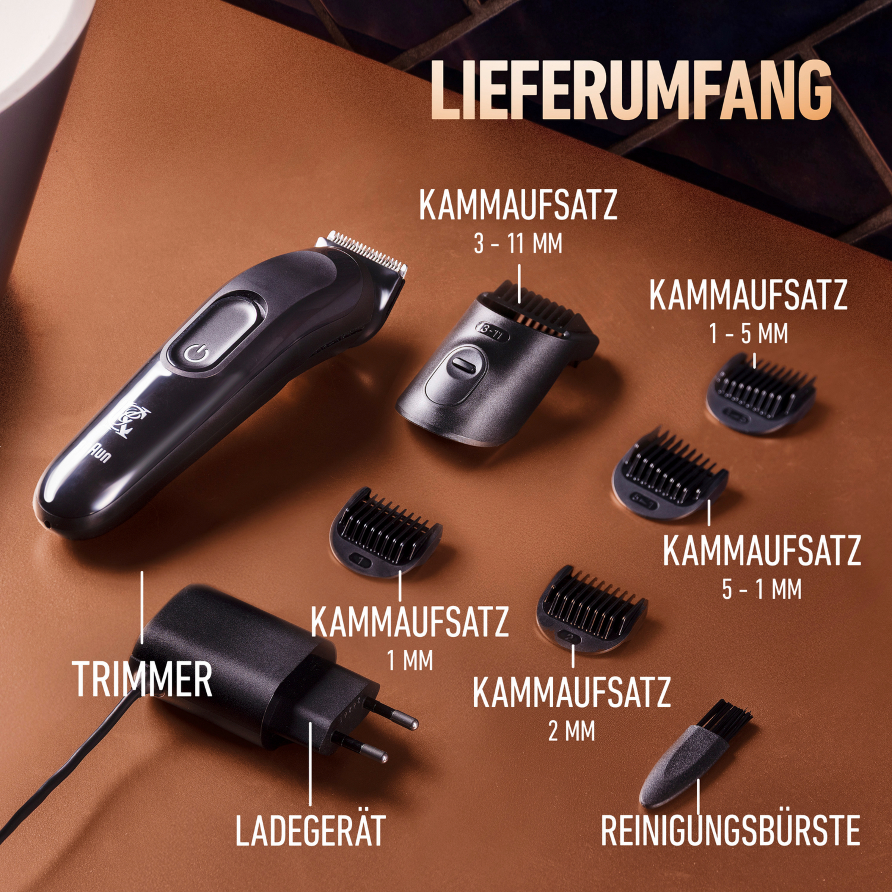 Ein schwarzer Trimmer mit Zubehör, darunter Aufsätze und Ladegerät.