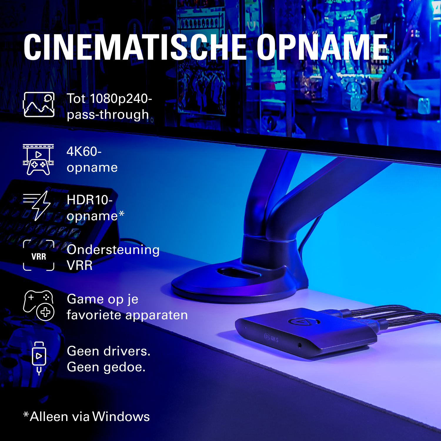 Grijze capture-apparaat met kabels op een bureau, met tekst over gamefuncties.