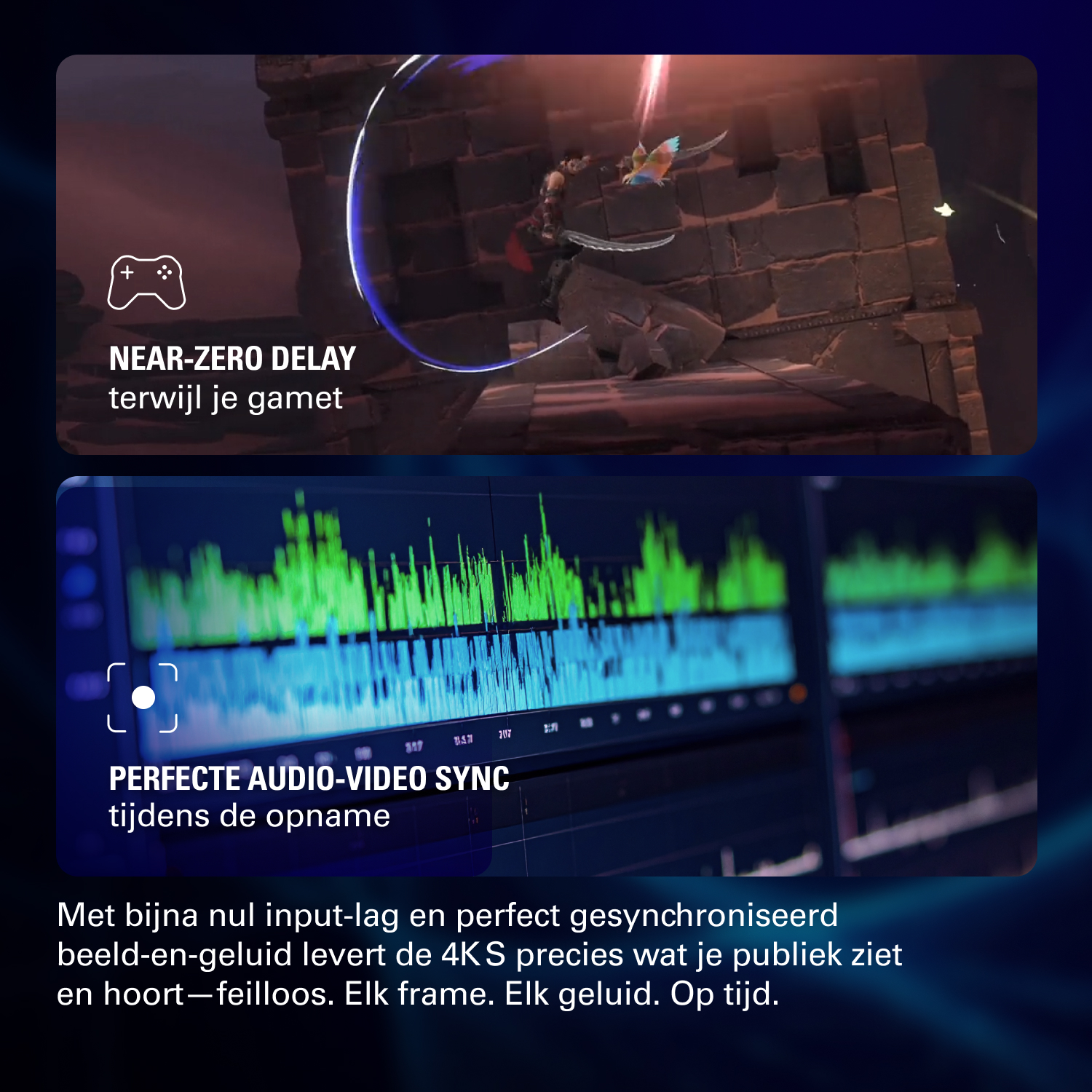 Screenshots van gaming & audio-video sync met tekst.