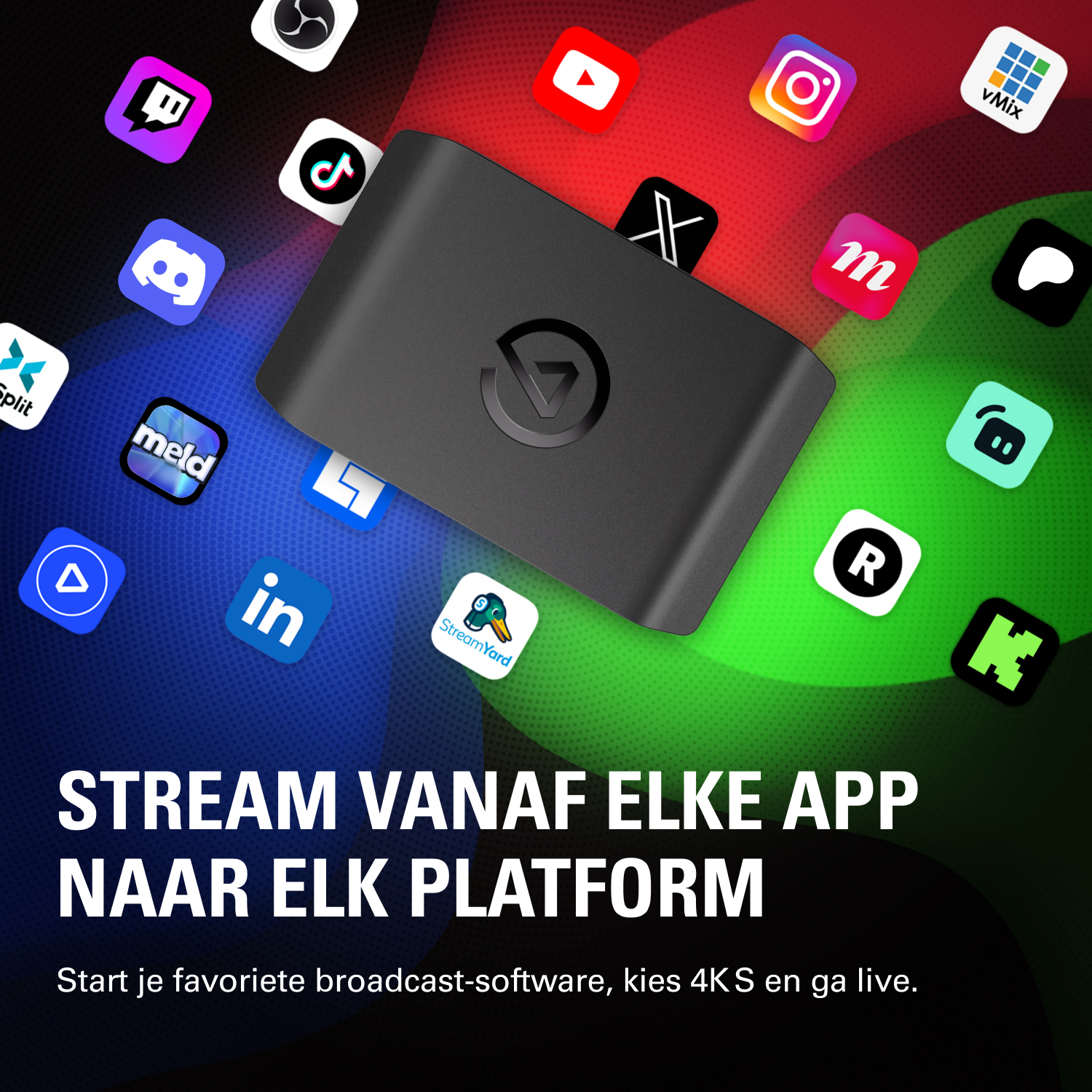 Een zwart capture-apparaat omringd door app-logo's op een verloopachtergrond.